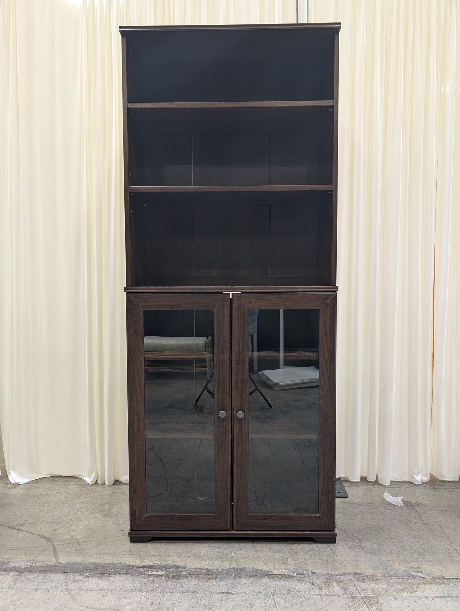 Dark Wood Open Shelf Bookcase with Glass Doors