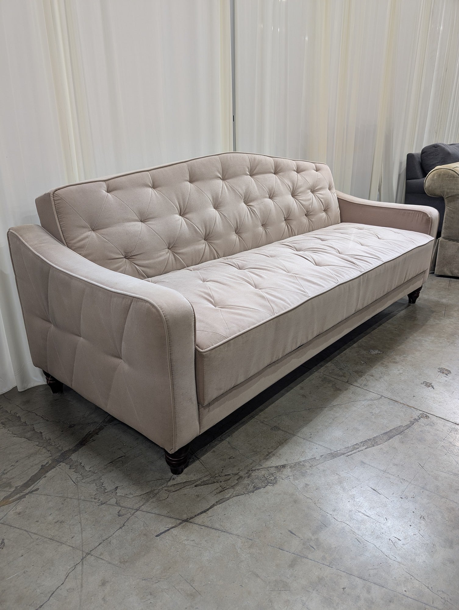 Neutral Velvet Couch with Tufted Back