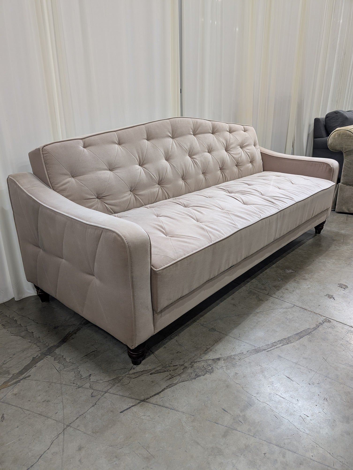 Neutral Velvet Couch with Tufted Back