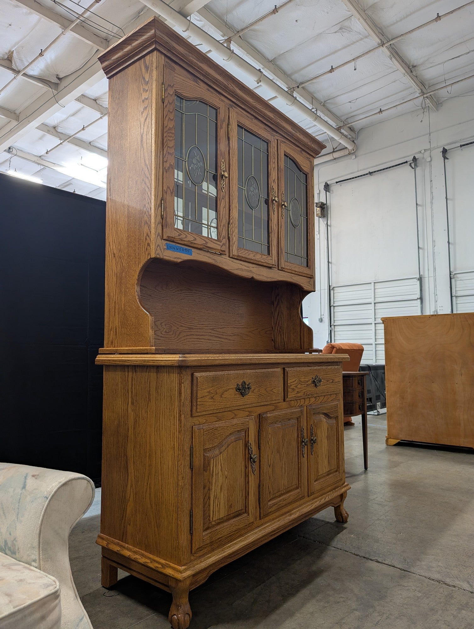 Traditional Golden Oak China Cabinet with Leaded Glass