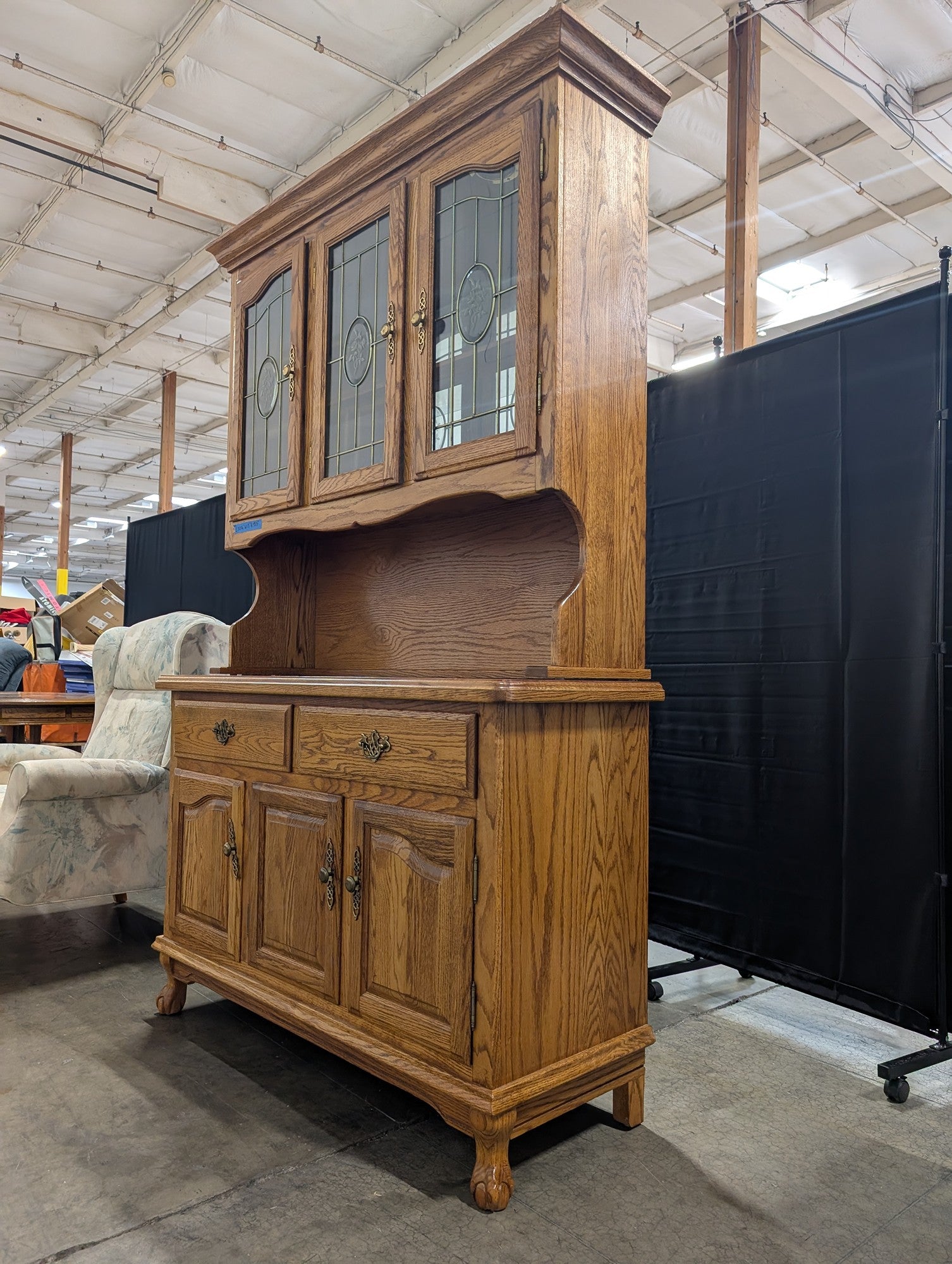 Traditional Golden Oak China Cabinet with Leaded Glass