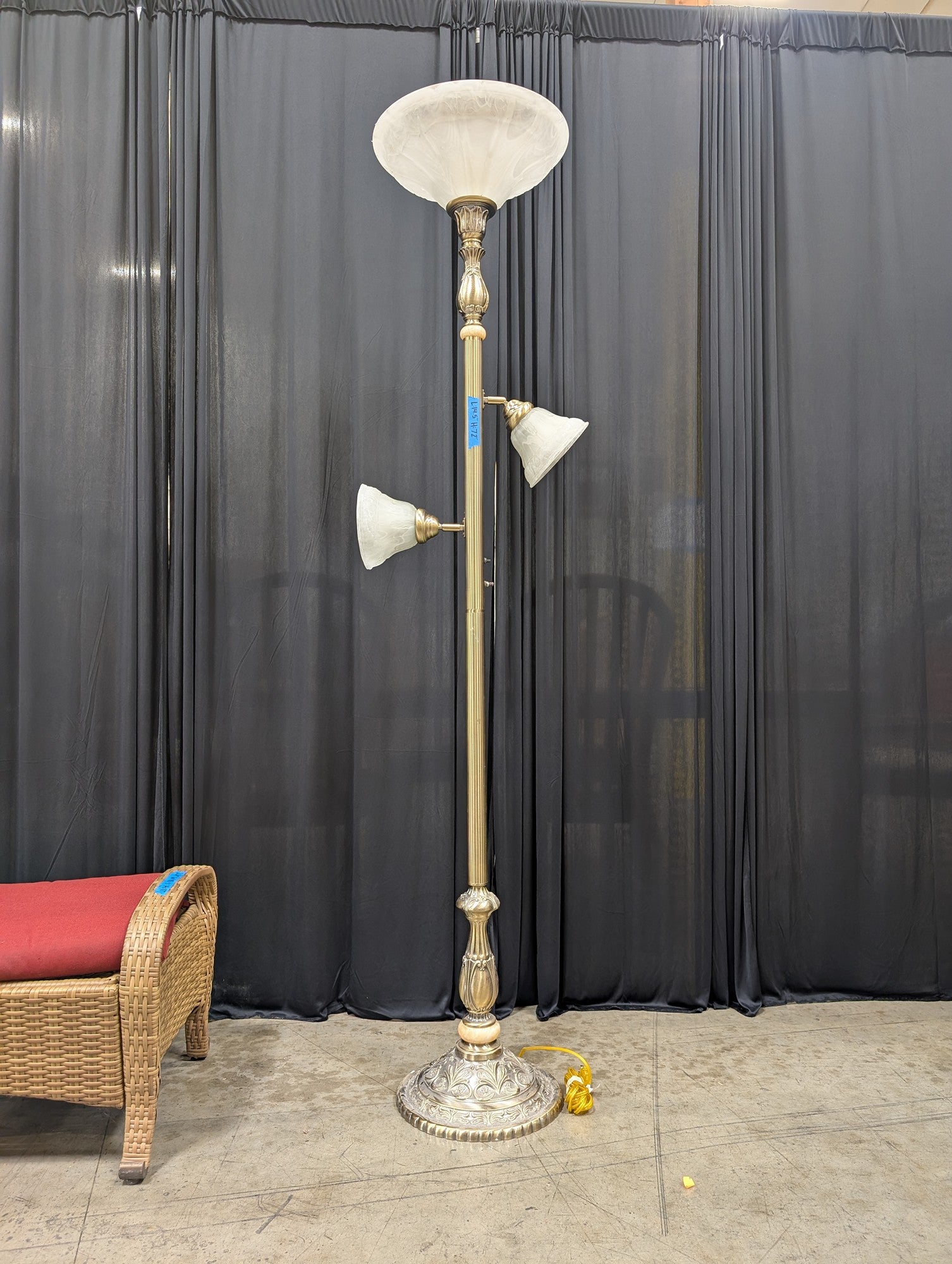 Vintage Brass Three-Light Floor Lamp with Frosted Glass