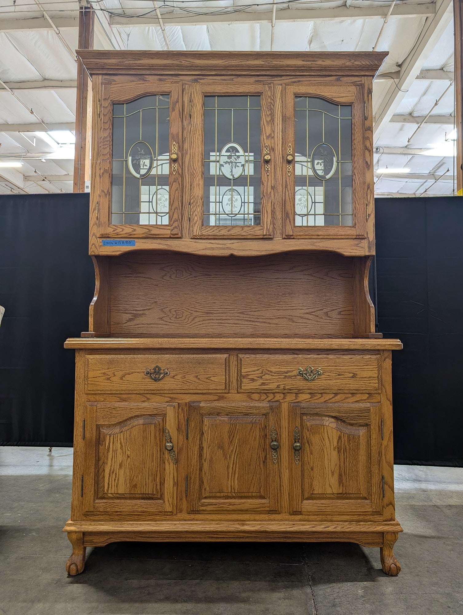 Traditional Golden Oak China Cabinet with Leaded Glass