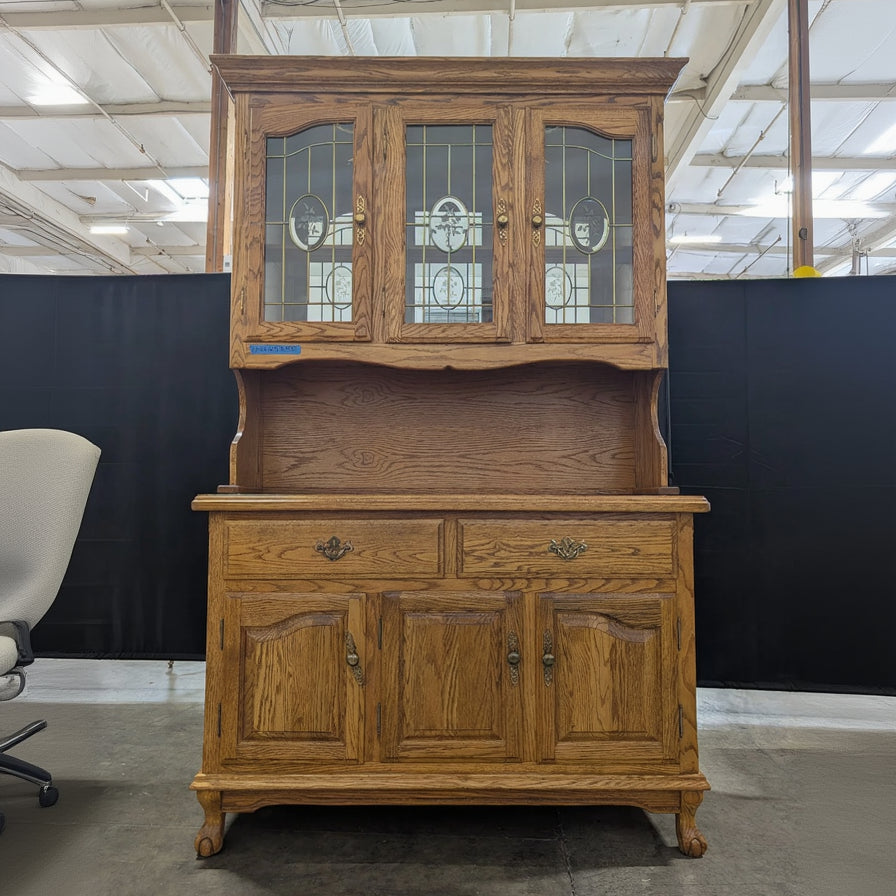 Traditional Golden Oak China Cabinet with Leaded Glass