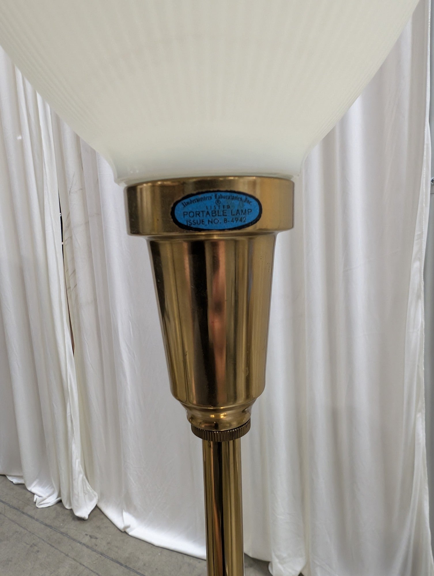 Ornate Brass Tone Floor Lamp with Ribbed Glass Shade