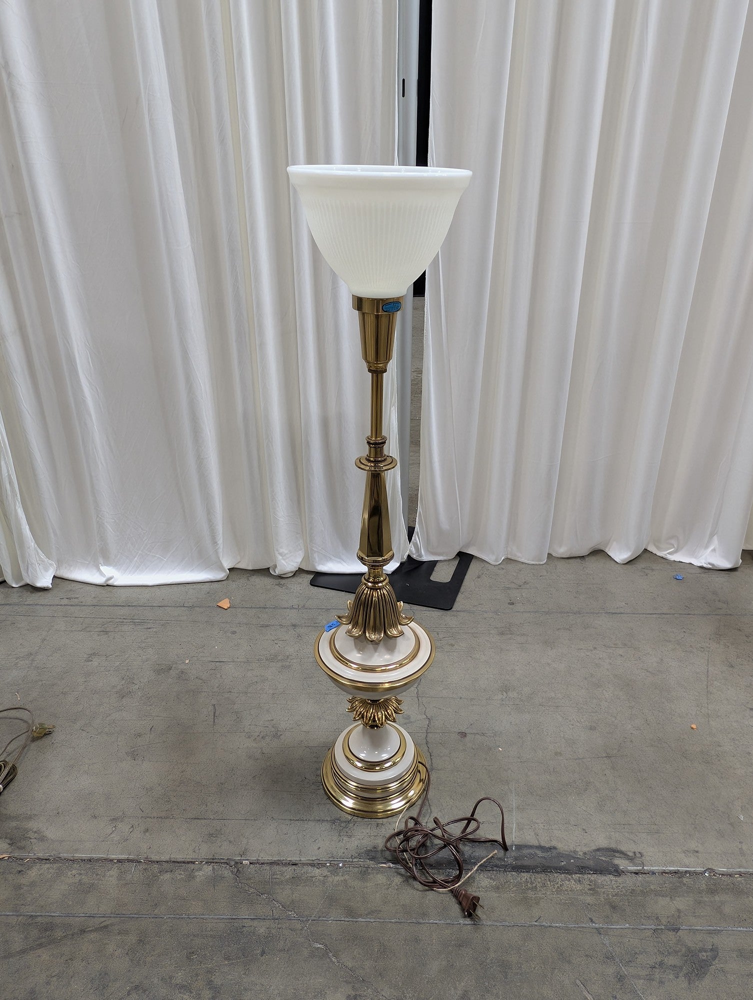 Ornate Brass Tone Floor Lamp with Ribbed Glass Shade