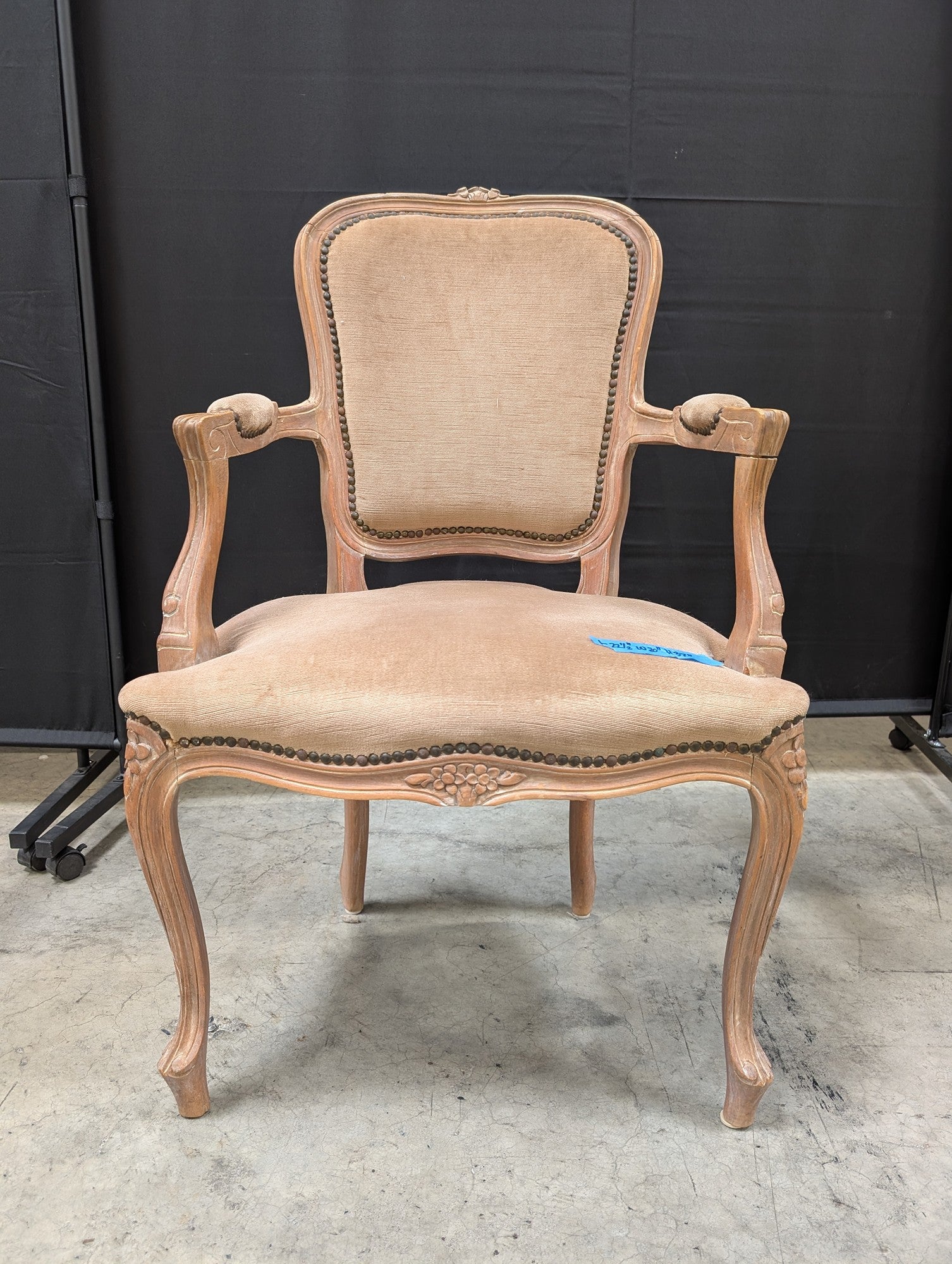 French Provincial Carved Wood Arm Chair in Beige Upholstery