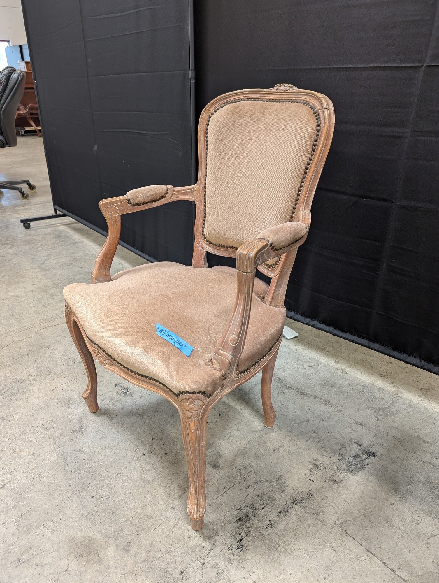 French Provincial Carved Wood Arm Chair in Beige Upholstery