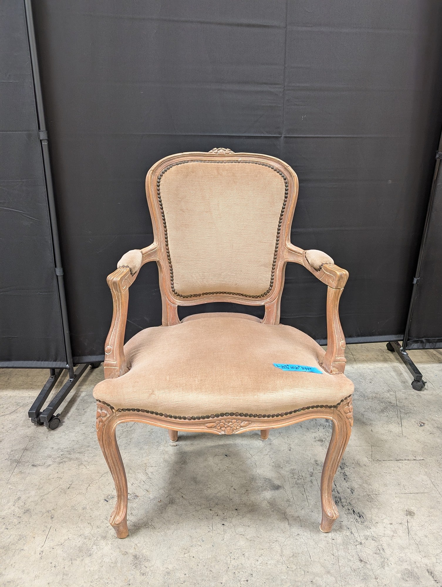 French Provincial Carved Wood Arm Chair in Beige Upholstery