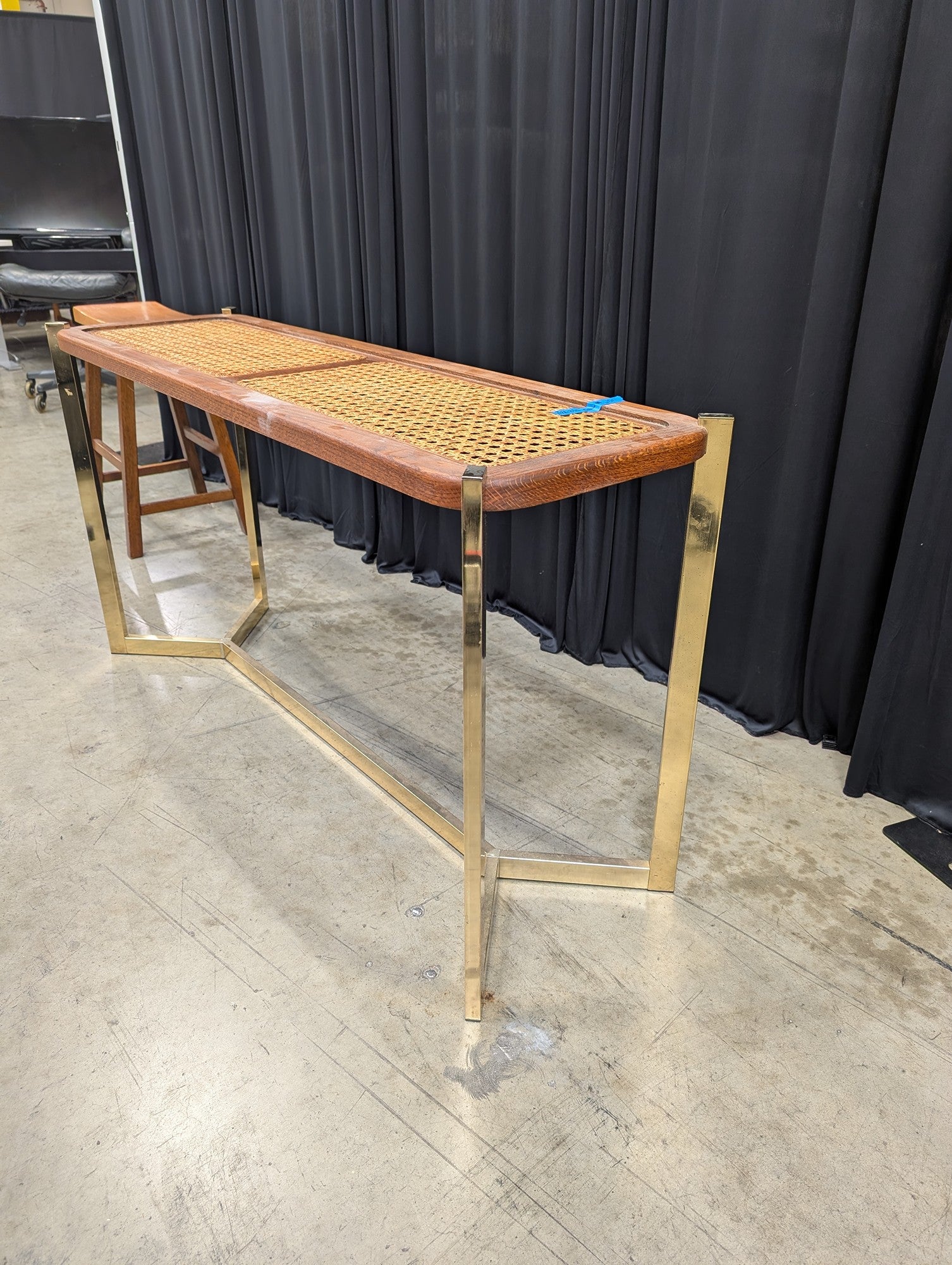 Mid-Century Gold Tone Metal Console Table with Cane Top