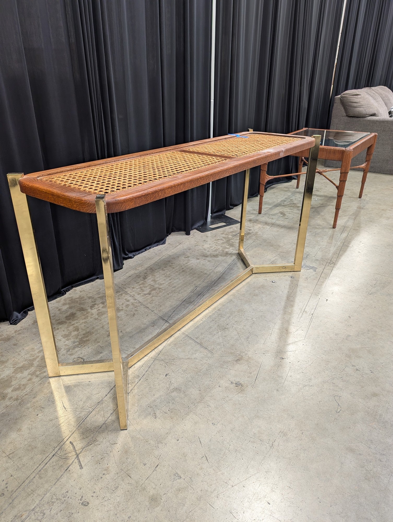 Mid-Century Gold Tone Metal Console Table with Cane Top