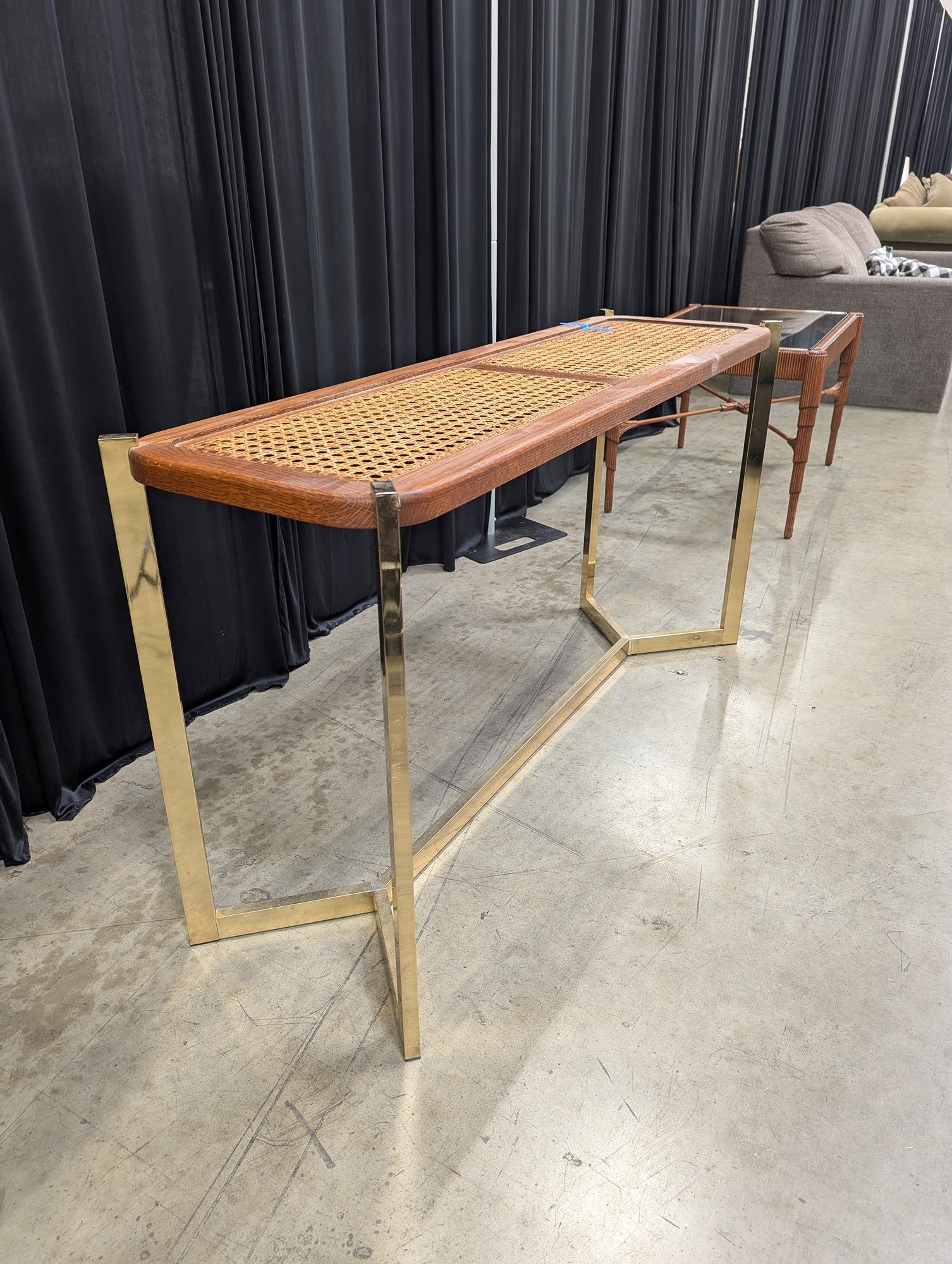 Mid-Century Gold Tone Metal Console Table with Cane Top