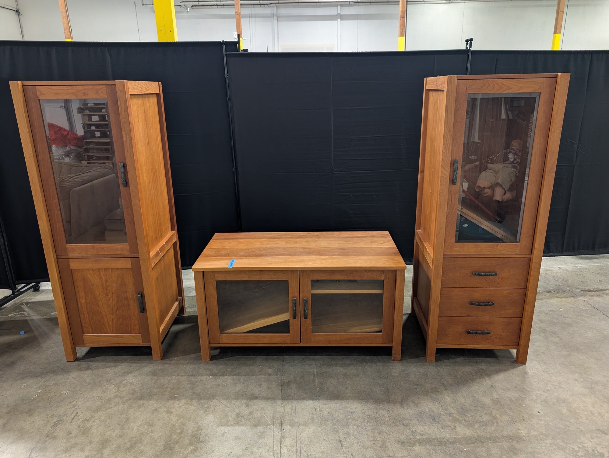 Cherry Toned Wood Entertainment Center with Glass Doors