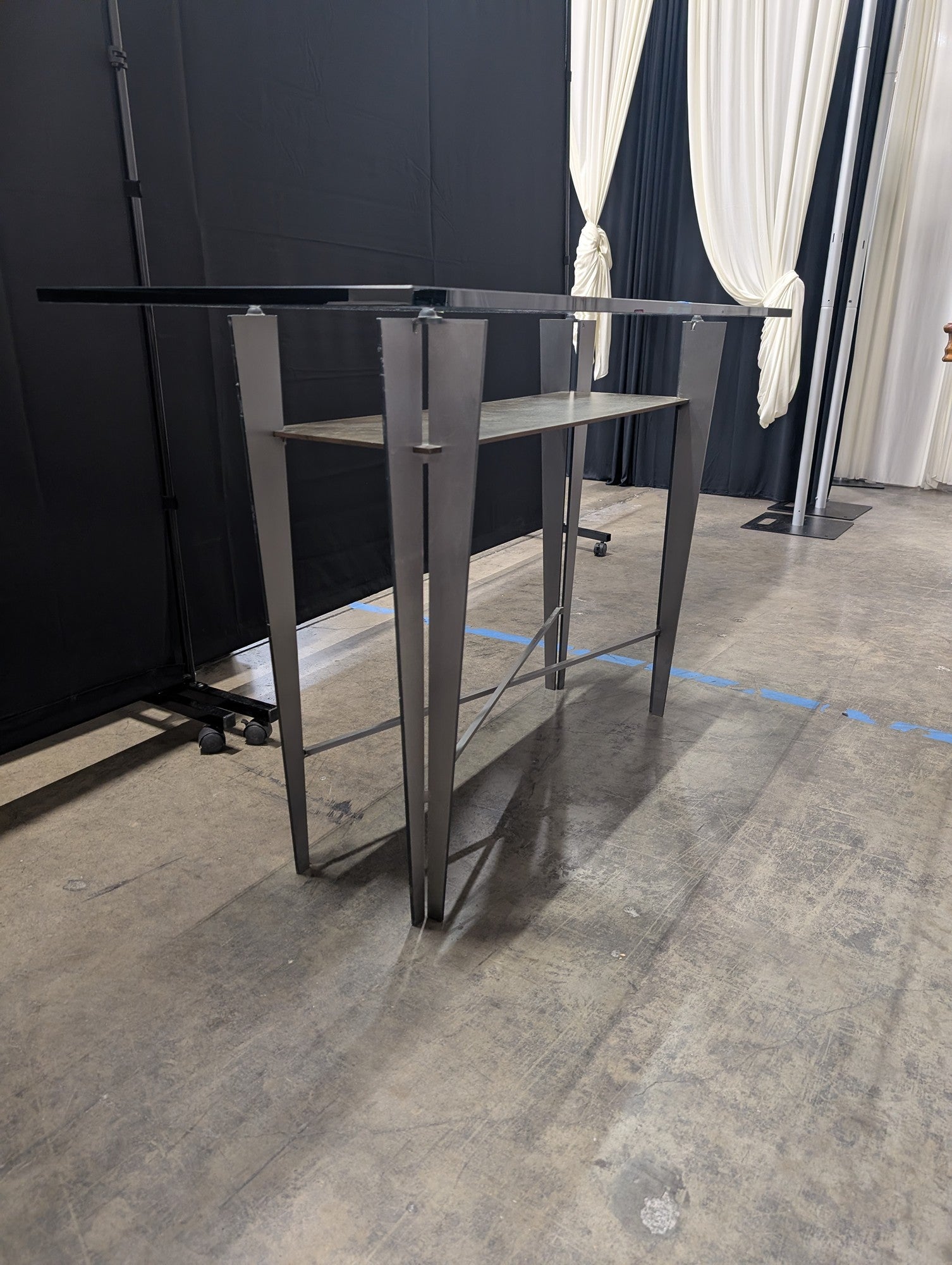 Industrial Gray Metal Console Table with Glass Top