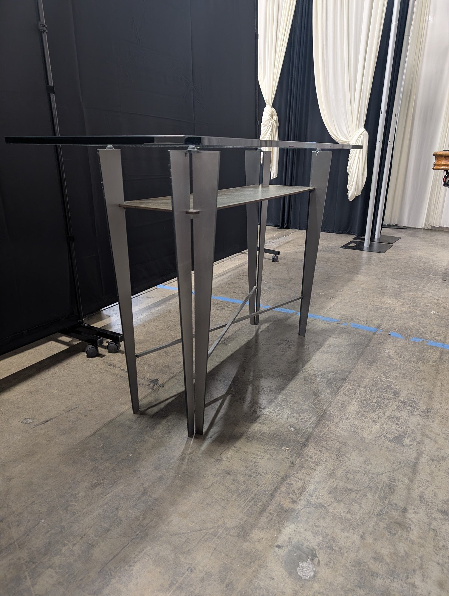 Industrial Gray Metal Console Table with Glass Top