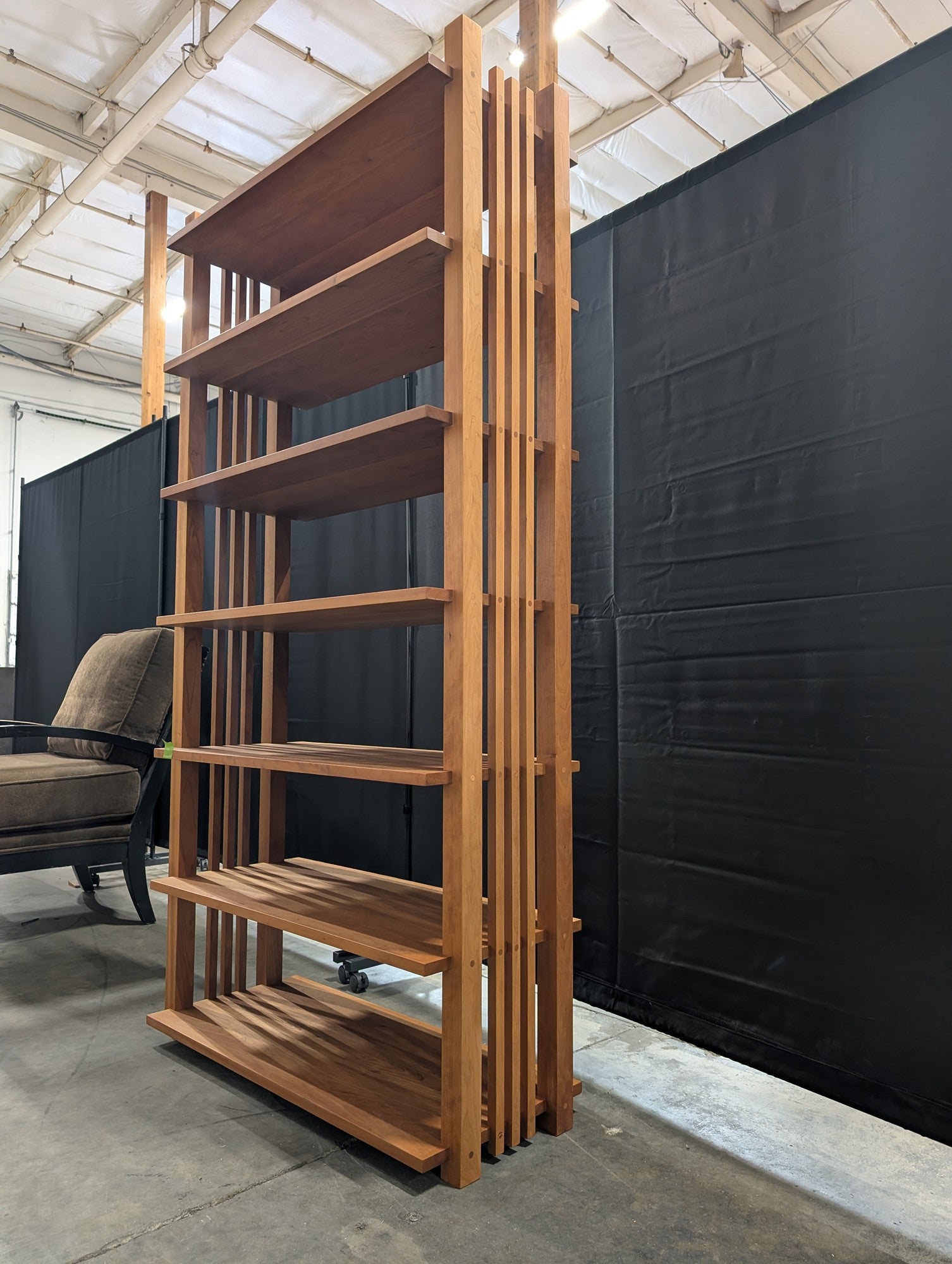 Large Brown Wood Six-Shelf Bookcase