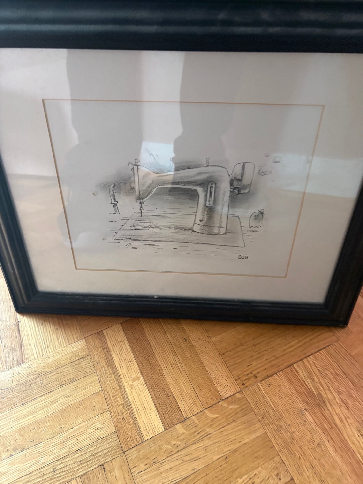 Whimsical BUB Sewing Machine Framed Pencil Sketch Artwork