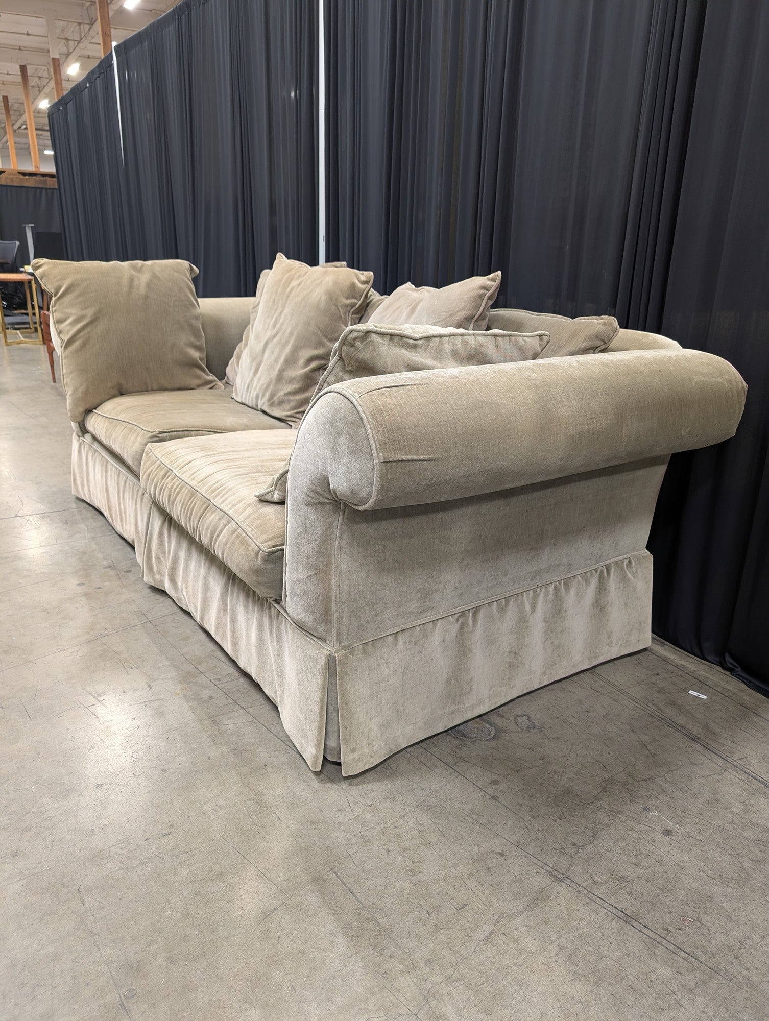 James Gordon Beige Rolled Arm Couch with Skirted Base