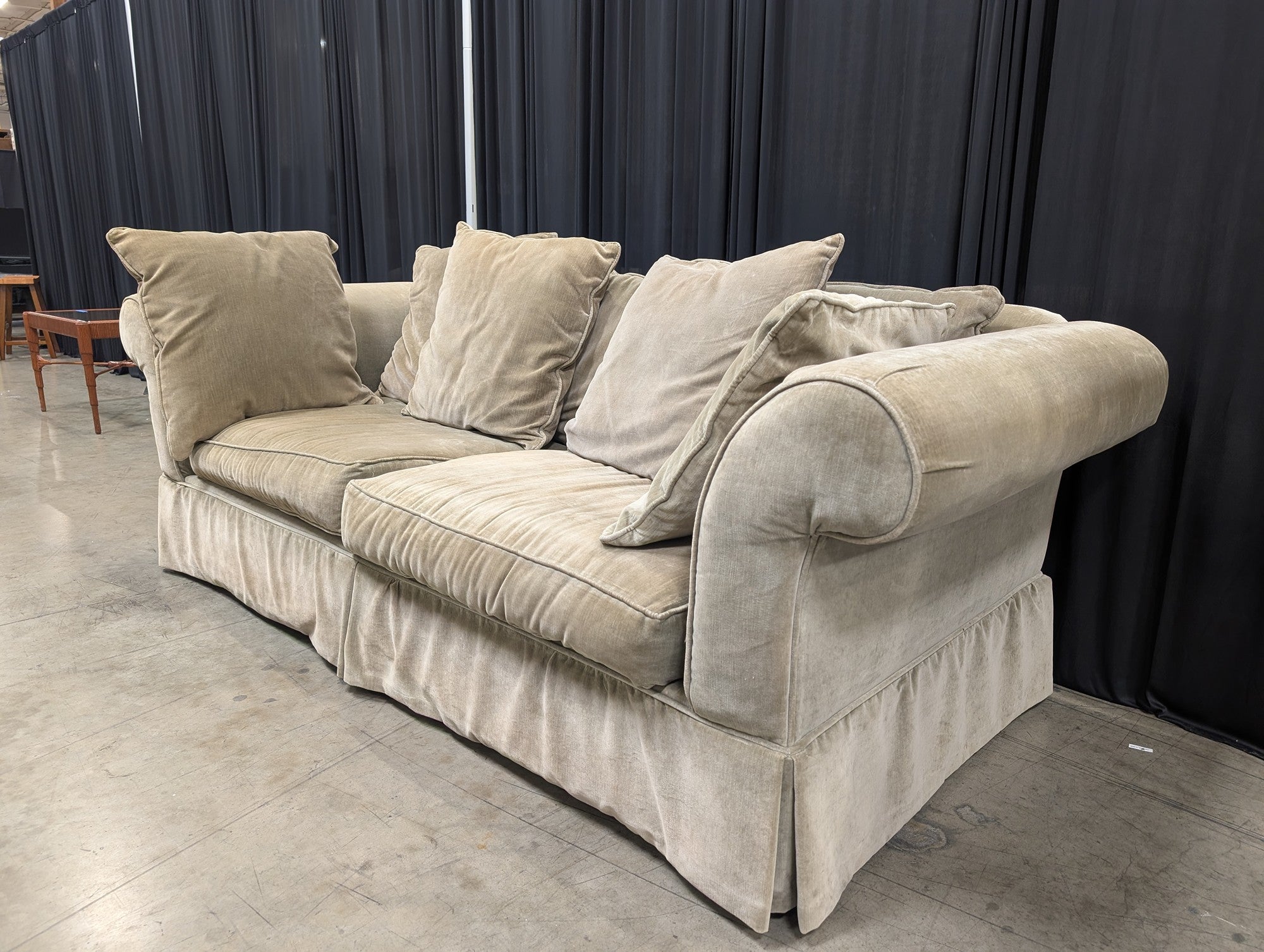 James Gordon Beige Rolled Arm Couch with Skirted Base