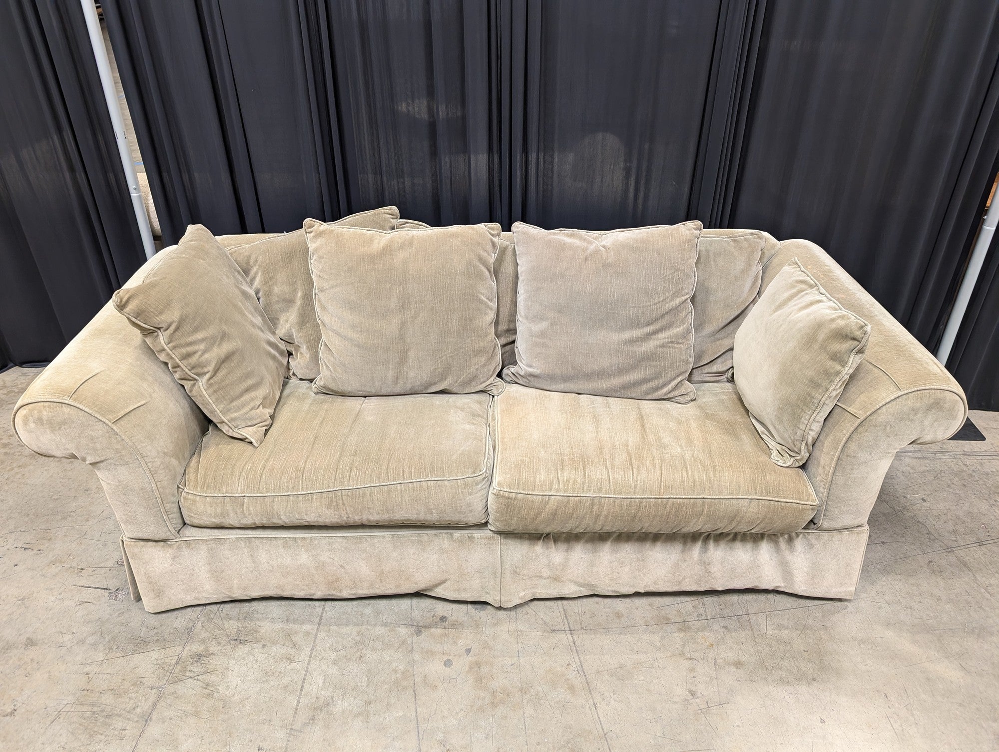 James Gordon Beige Rolled Arm Couch with Skirted Base