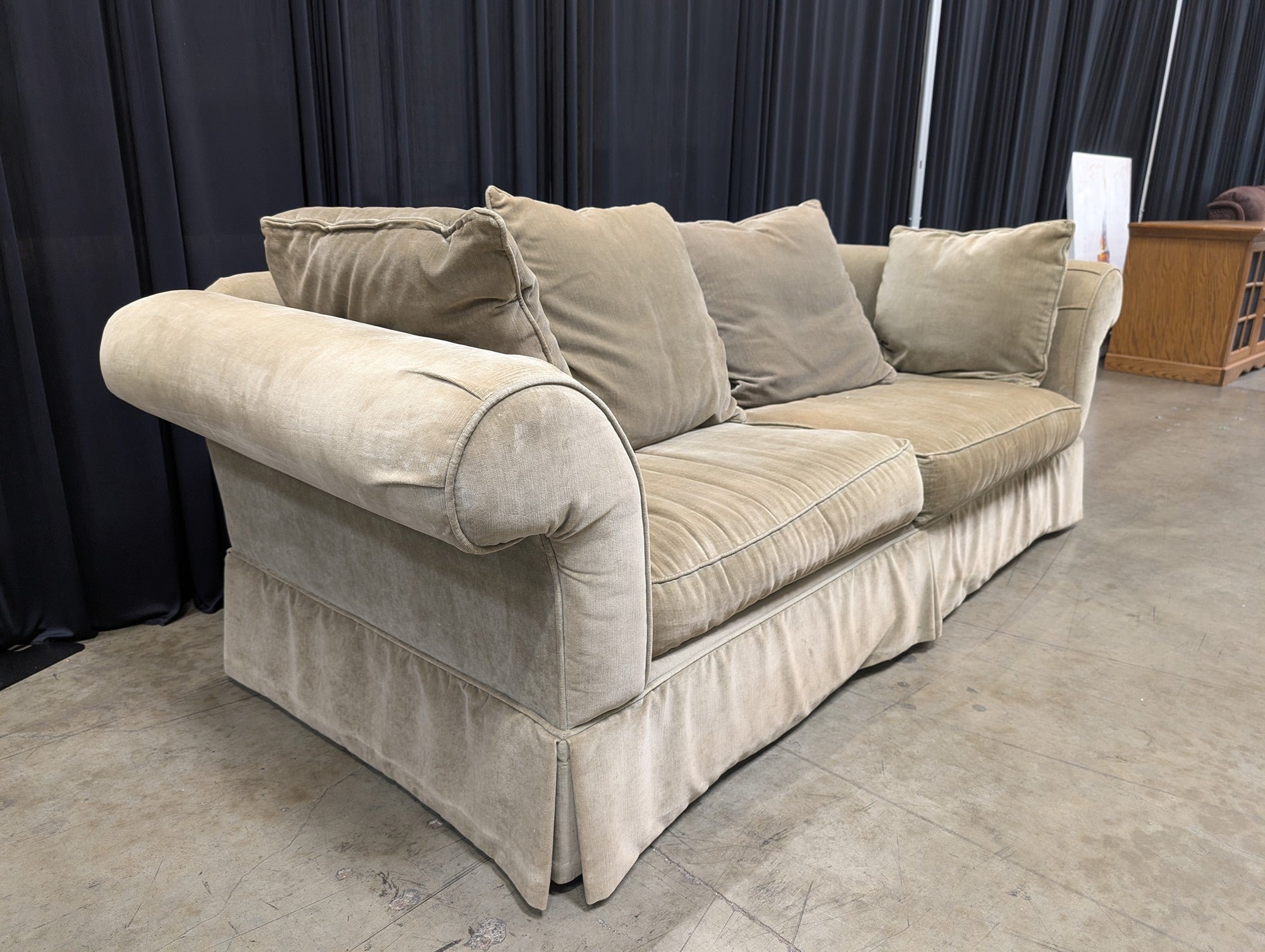 James Gordon Beige Rolled Arm Couch with Skirted Base