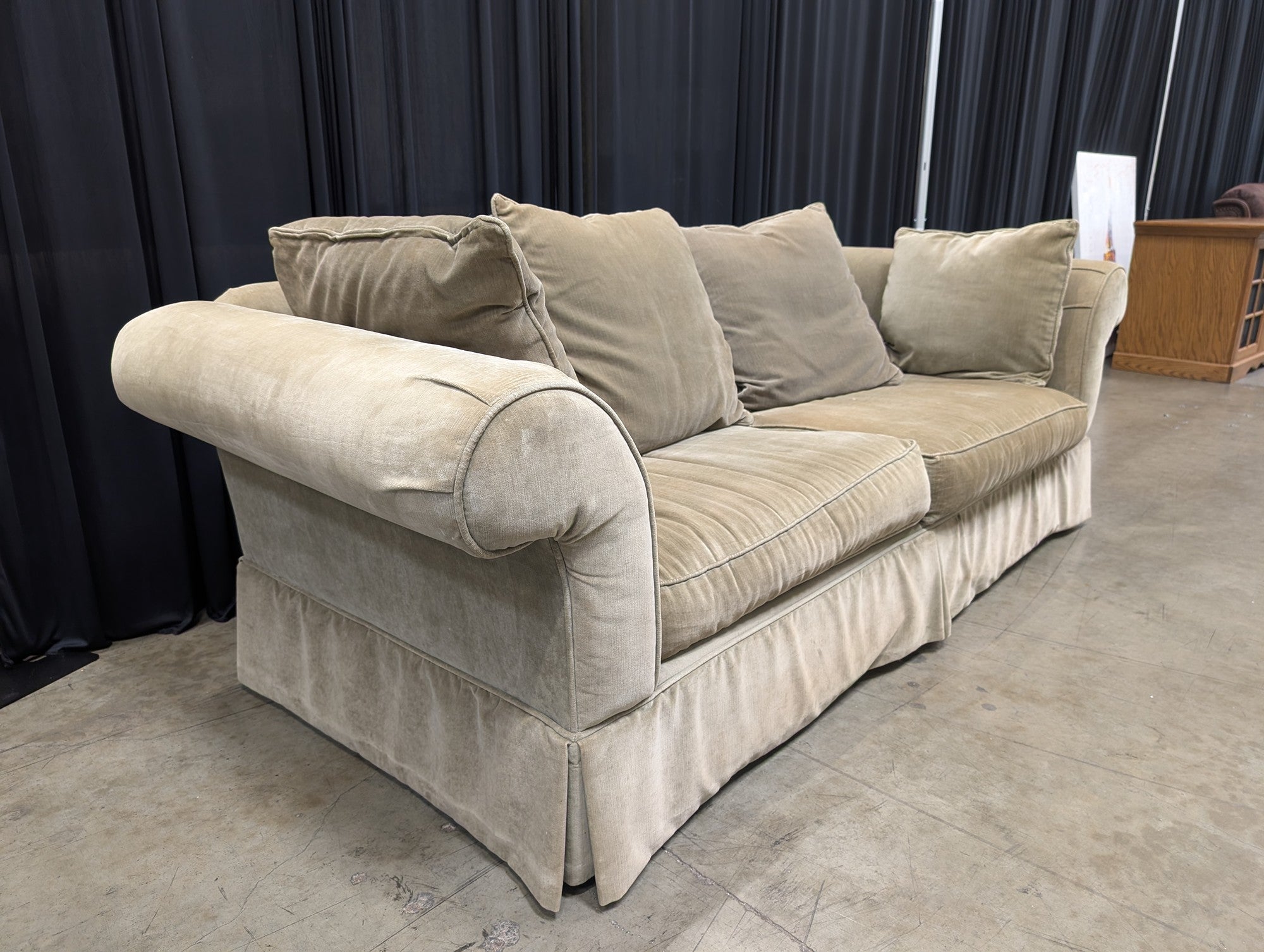 James Gordon Beige Rolled Arm Couch with Skirted Base