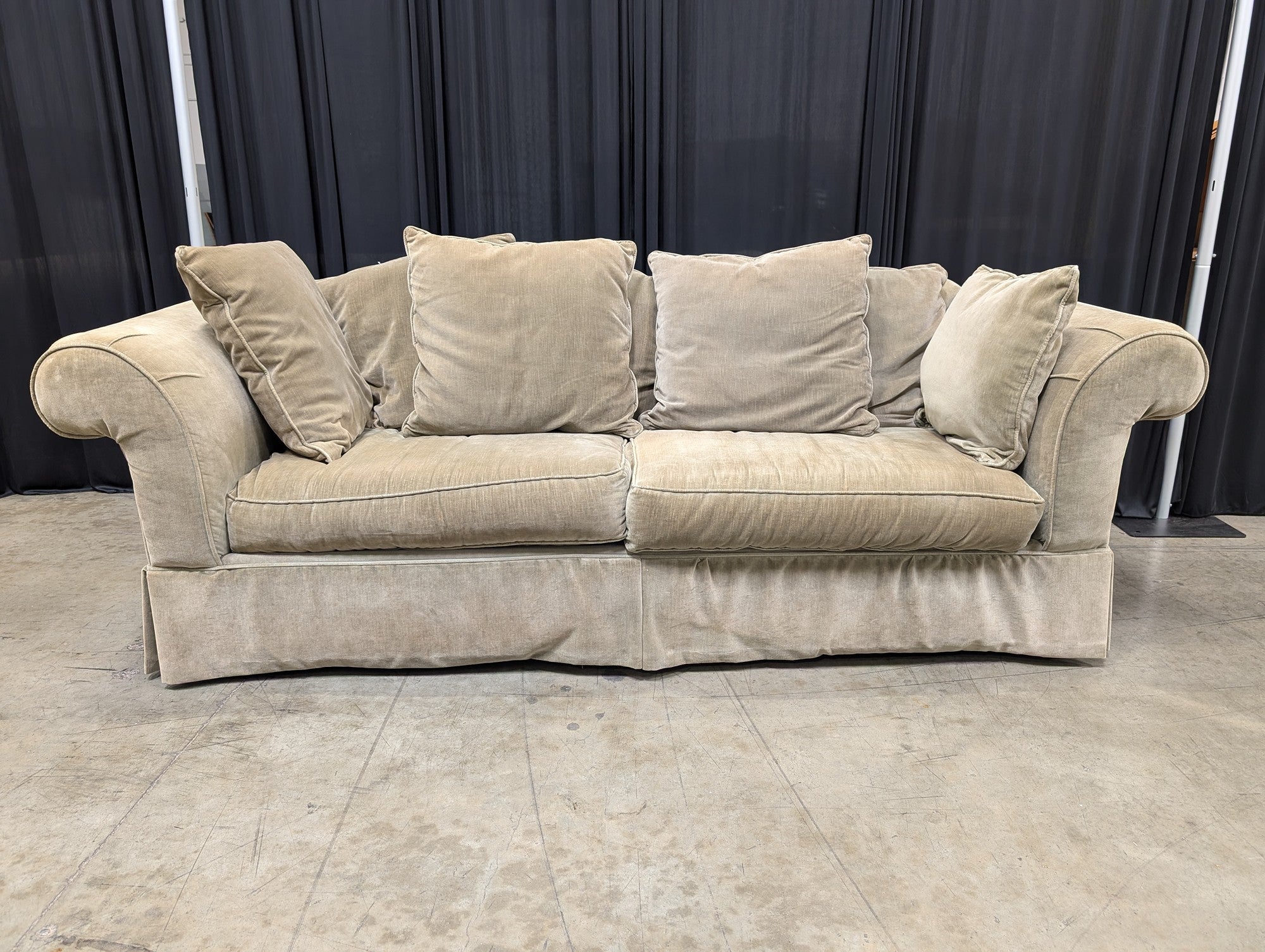 James Gordon Beige Rolled Arm Couch with Skirted Base