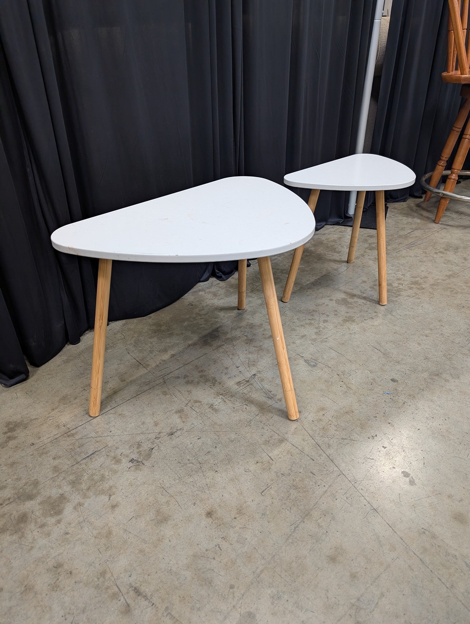Pair of Modern White Top End Tables with Natural Wood Legs
