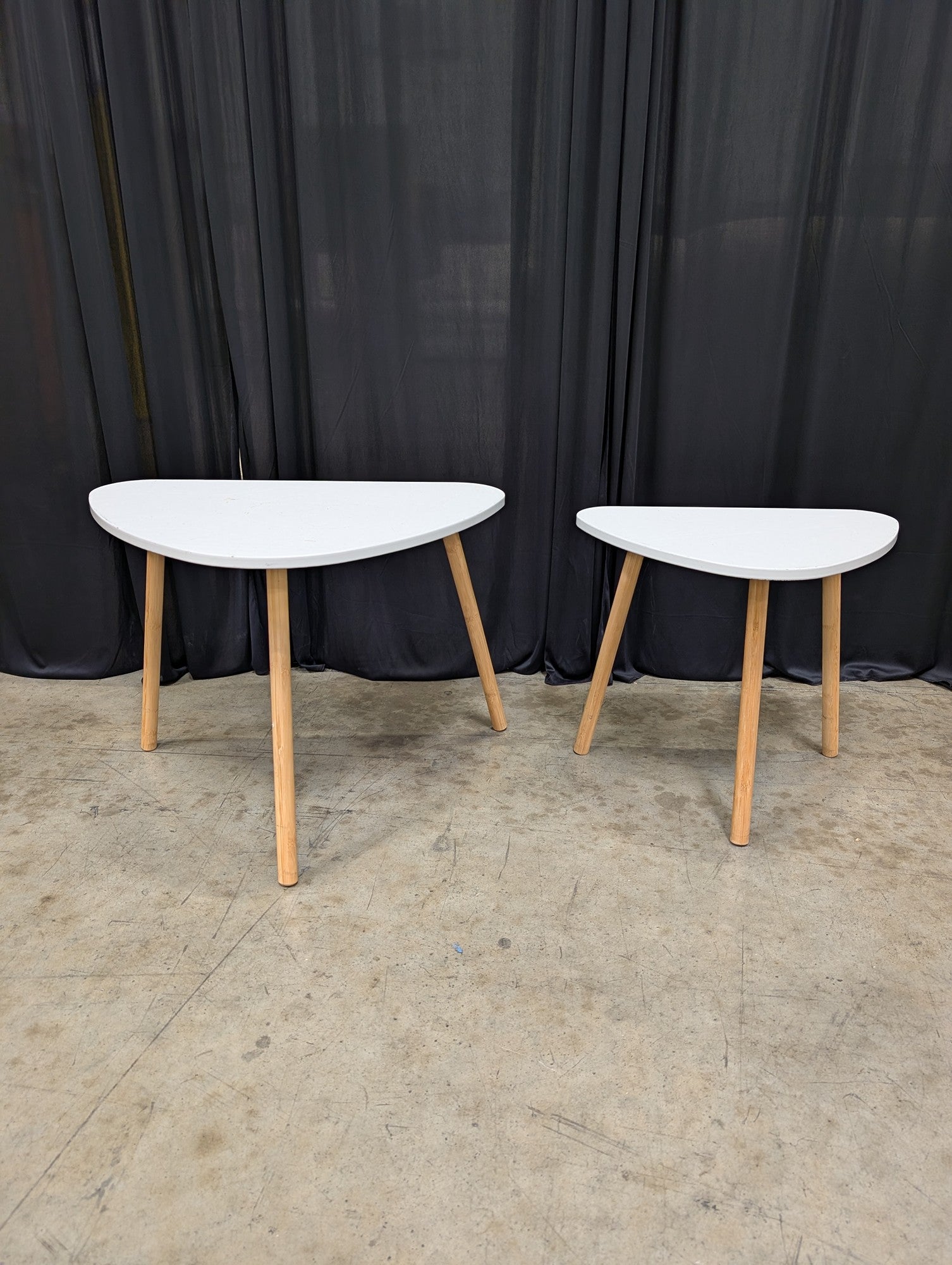 Pair of Modern White Top End Tables with Natural Wood Legs