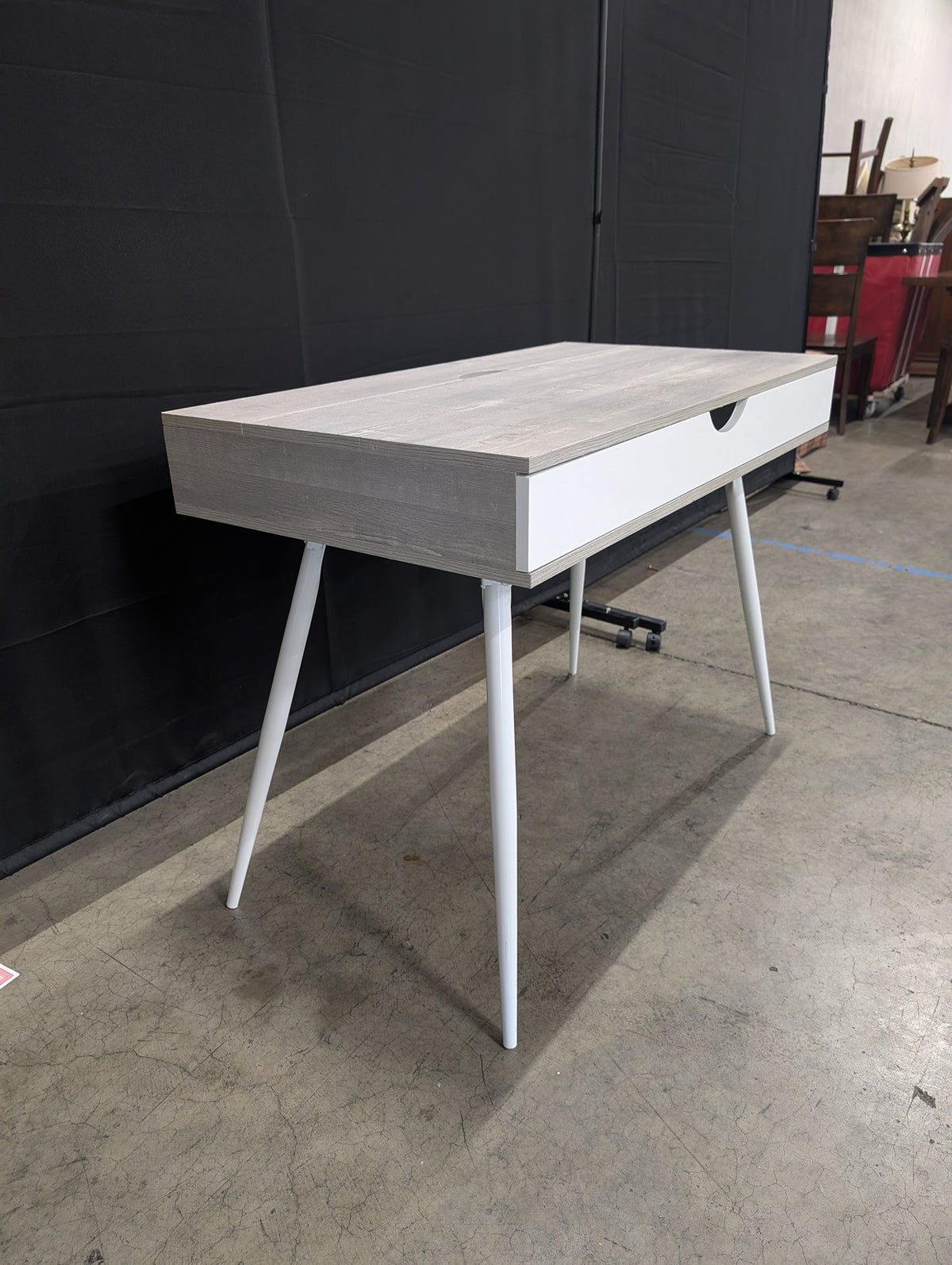 Light Wood Grain and White Desk with Tapered Legs