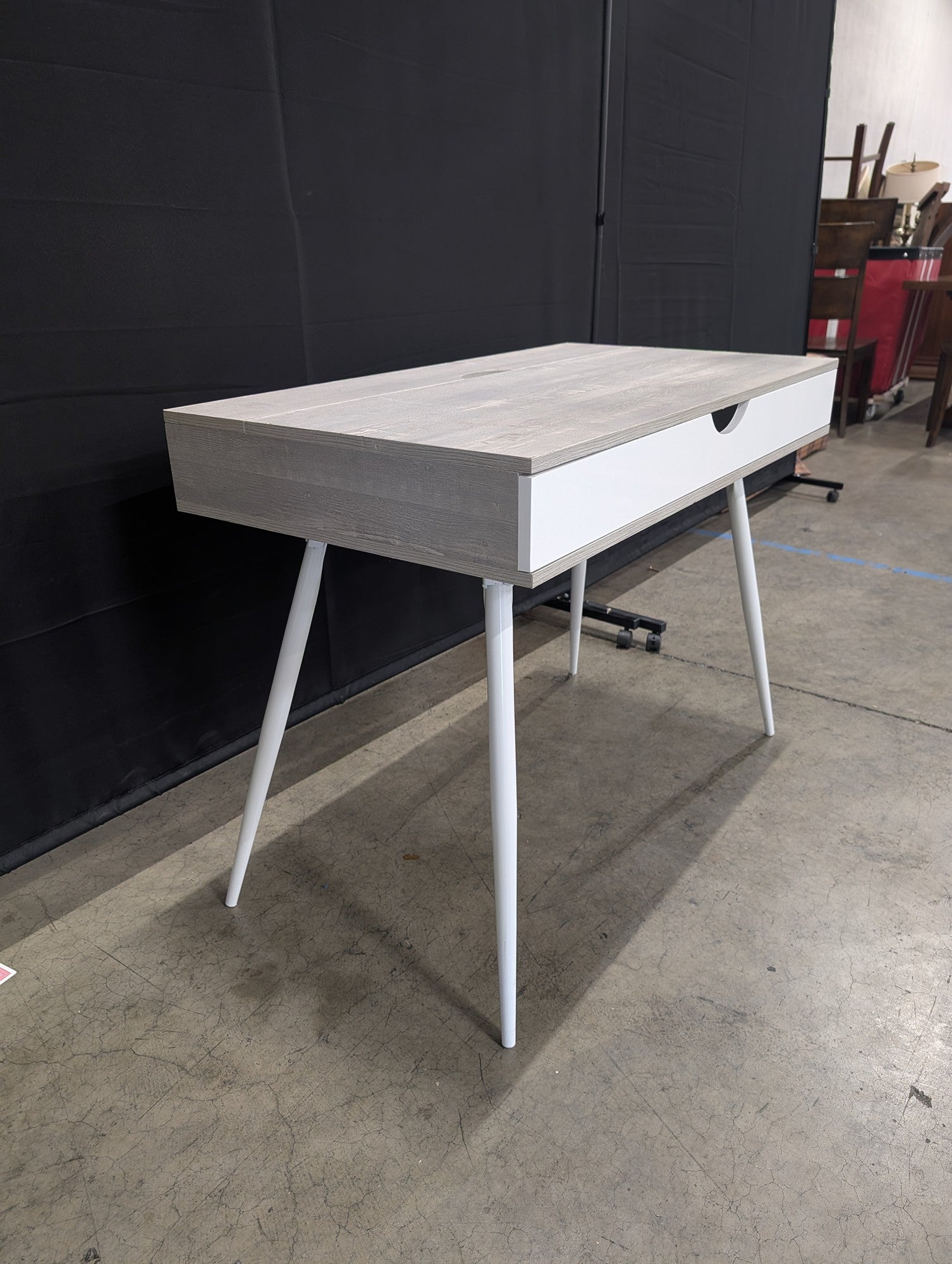 Light Wood Grain and White Desk with Tapered Legs
