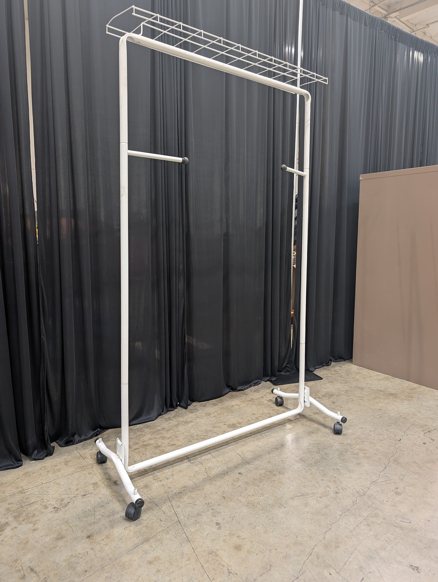 White Metal Rolling Clothes Rack with Top Shelf