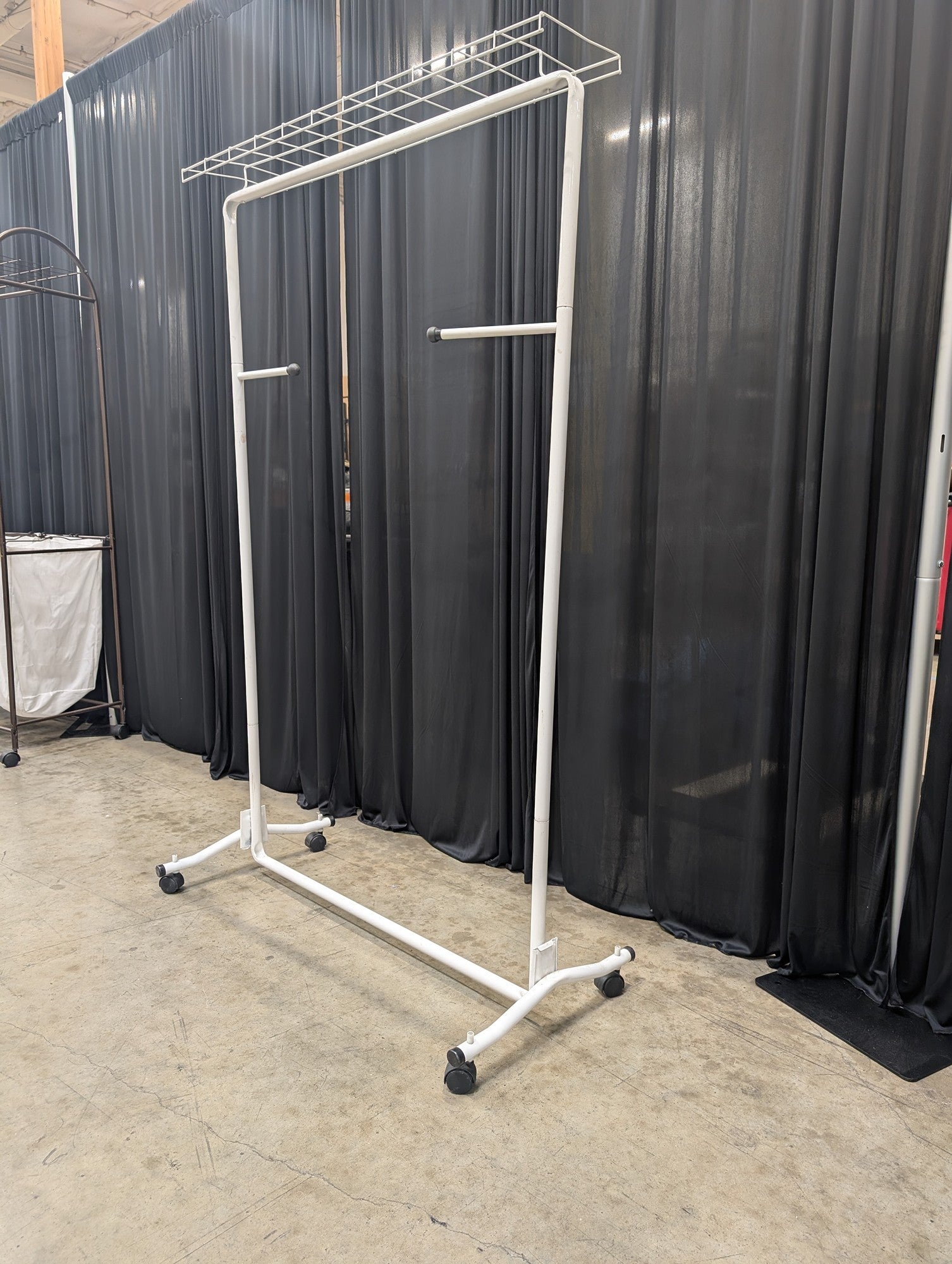 White Metal Rolling Clothes Rack with Top Shelf