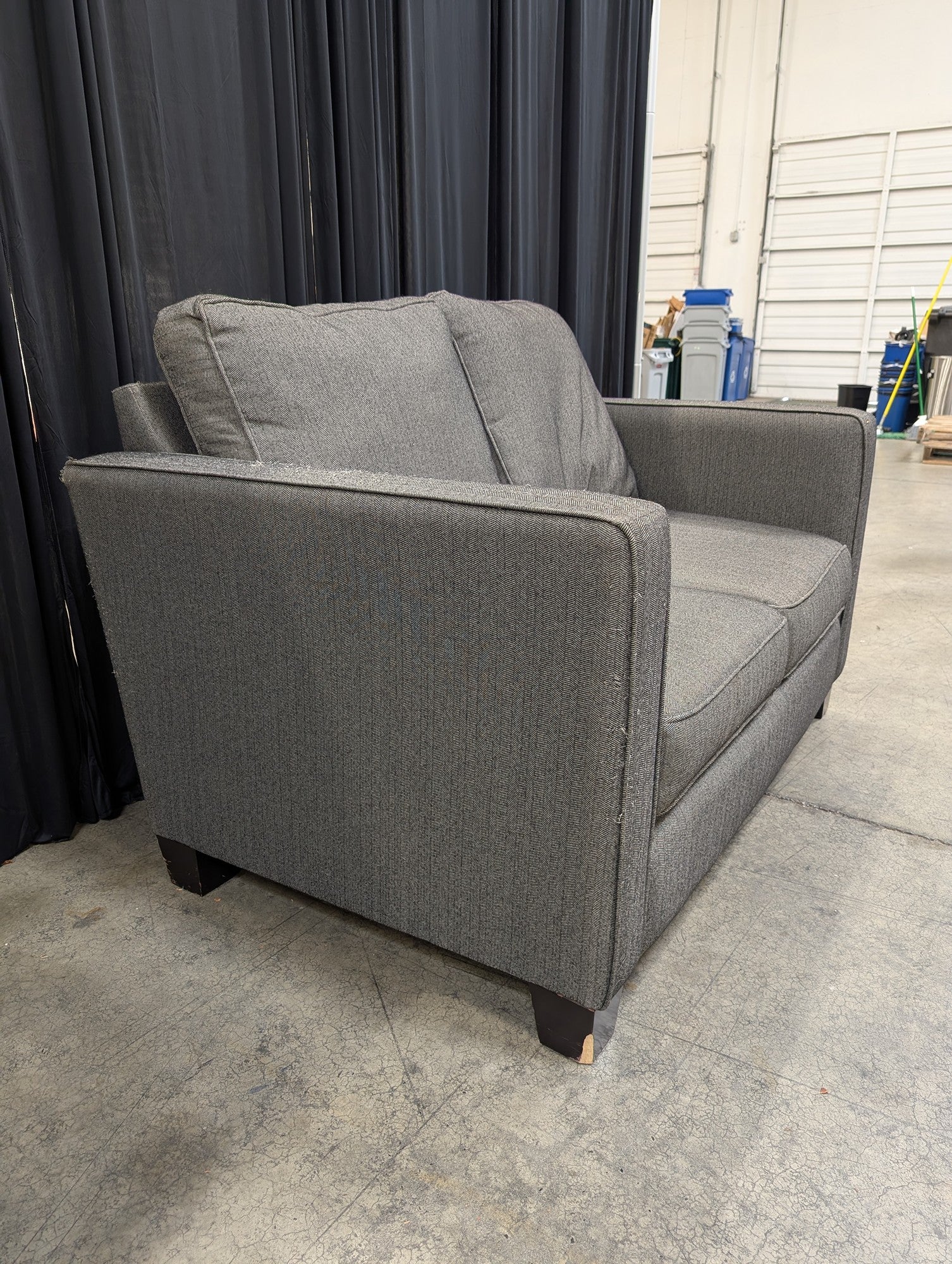 Grey Herringbone Fabric Loveseat with Track Arms