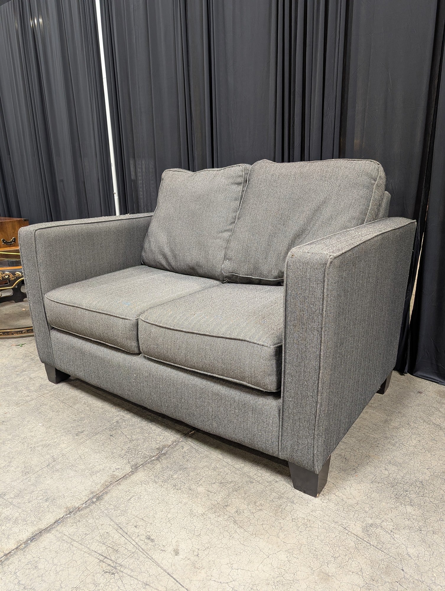 Grey Herringbone Fabric Loveseat with Track Arms