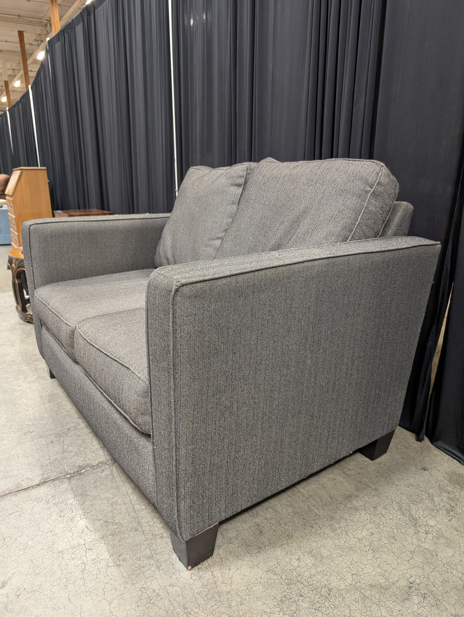 Grey Herringbone Fabric Loveseat with Track Arms
