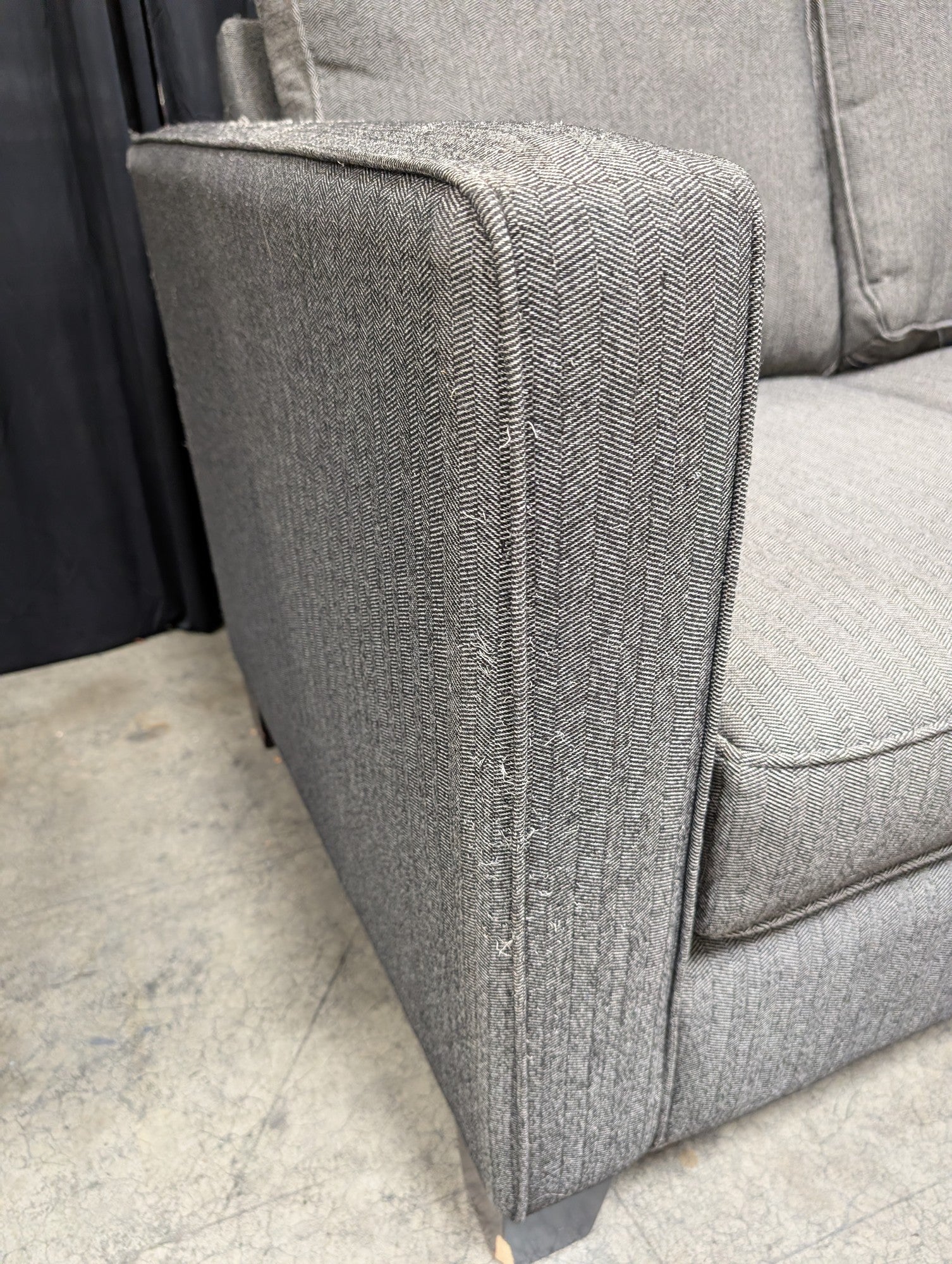 Grey Herringbone Fabric Loveseat with Track Arms