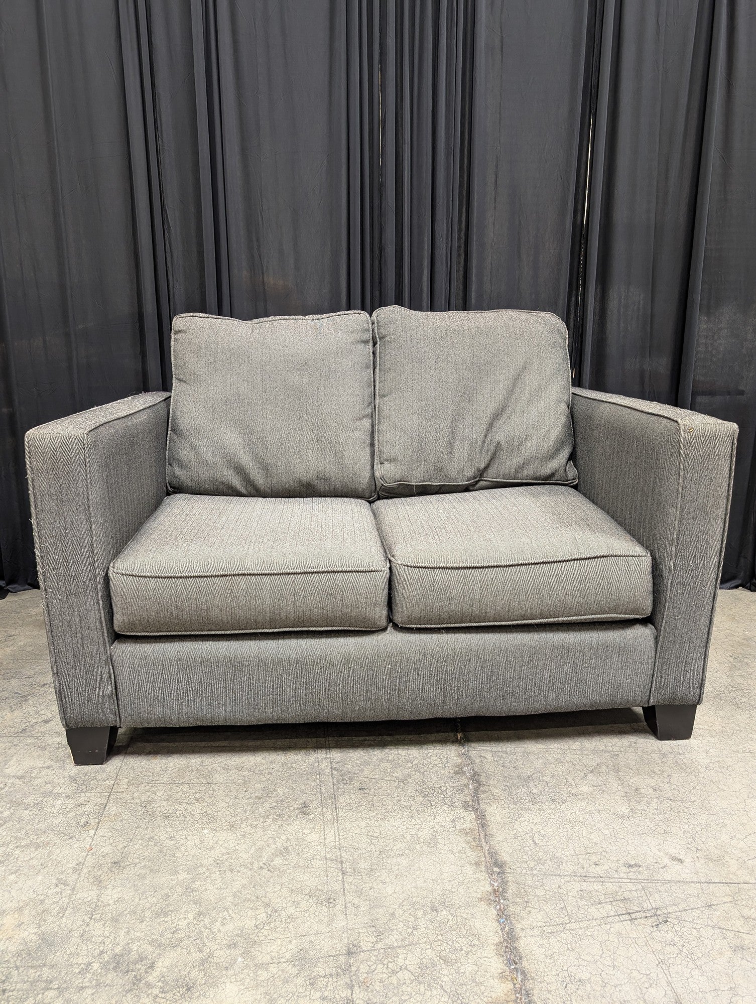 Grey Herringbone Fabric Loveseat with Track Arms