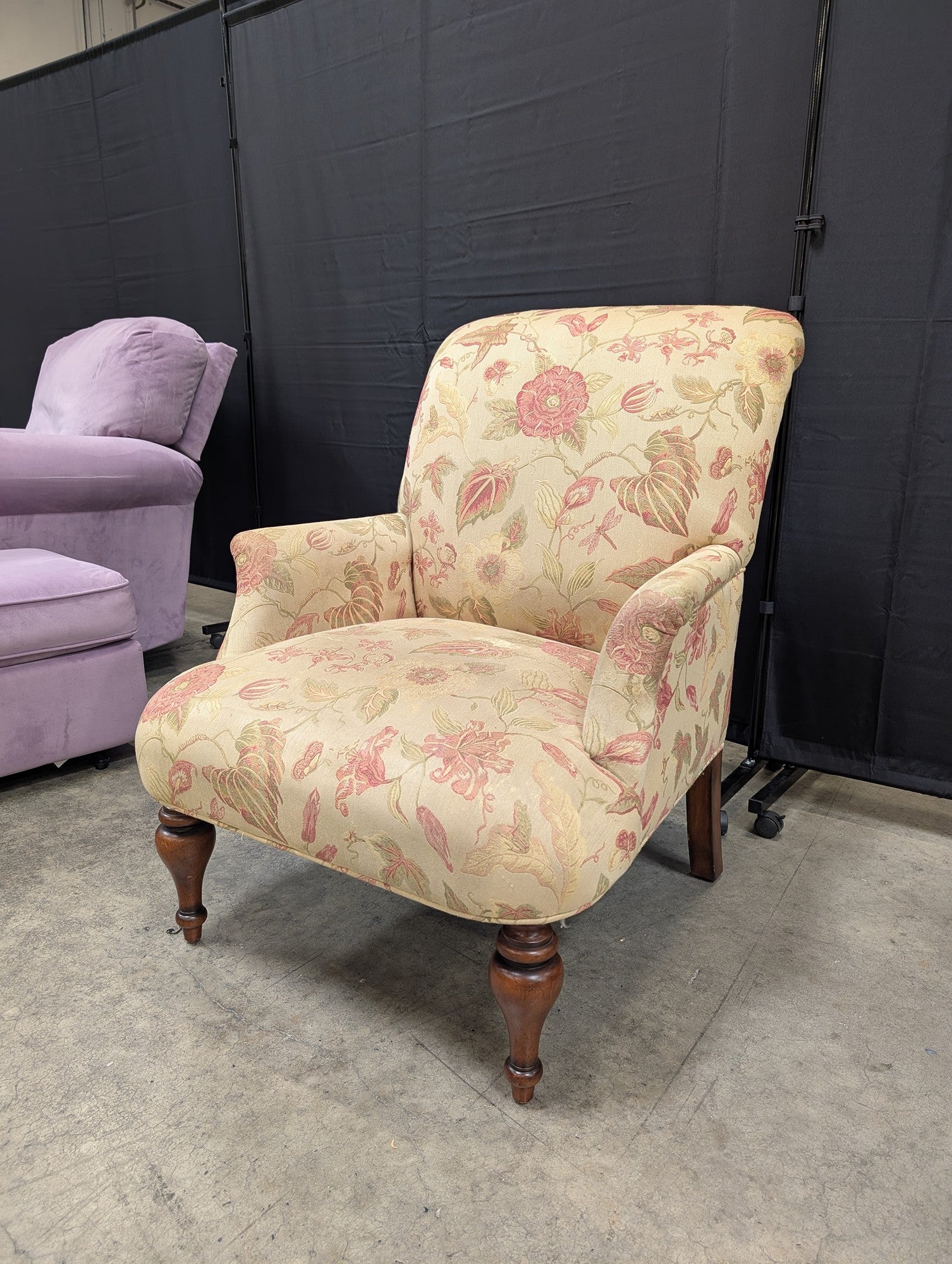 Cream Floral Pattern Armchair with Wood Legs