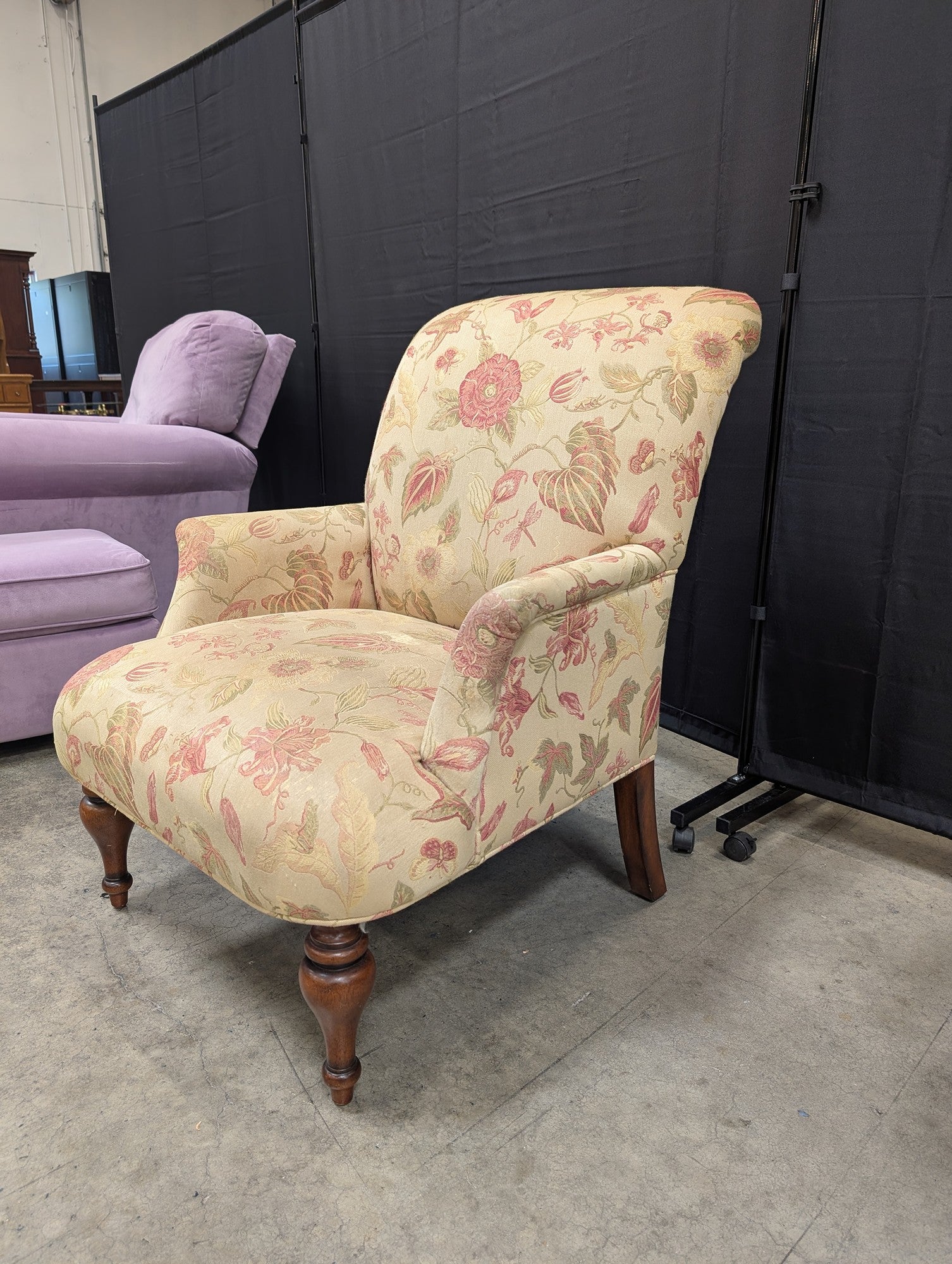 Cream Floral Pattern Armchair with Wood Legs