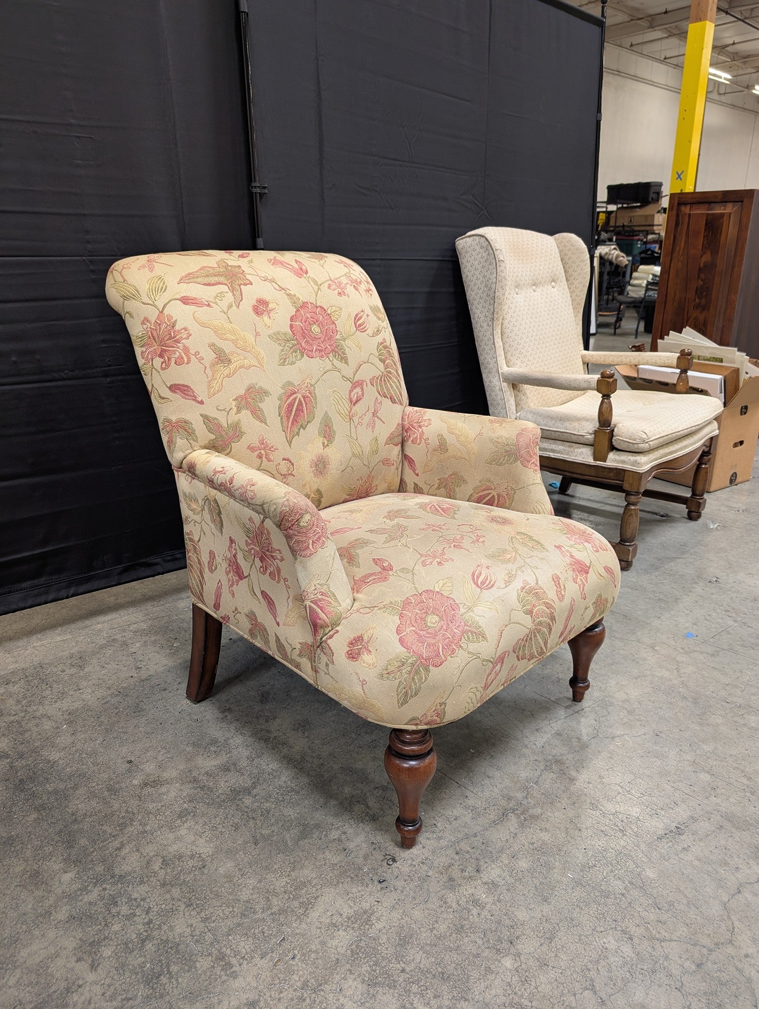 Cream Floral Pattern Armchair with Wood Legs