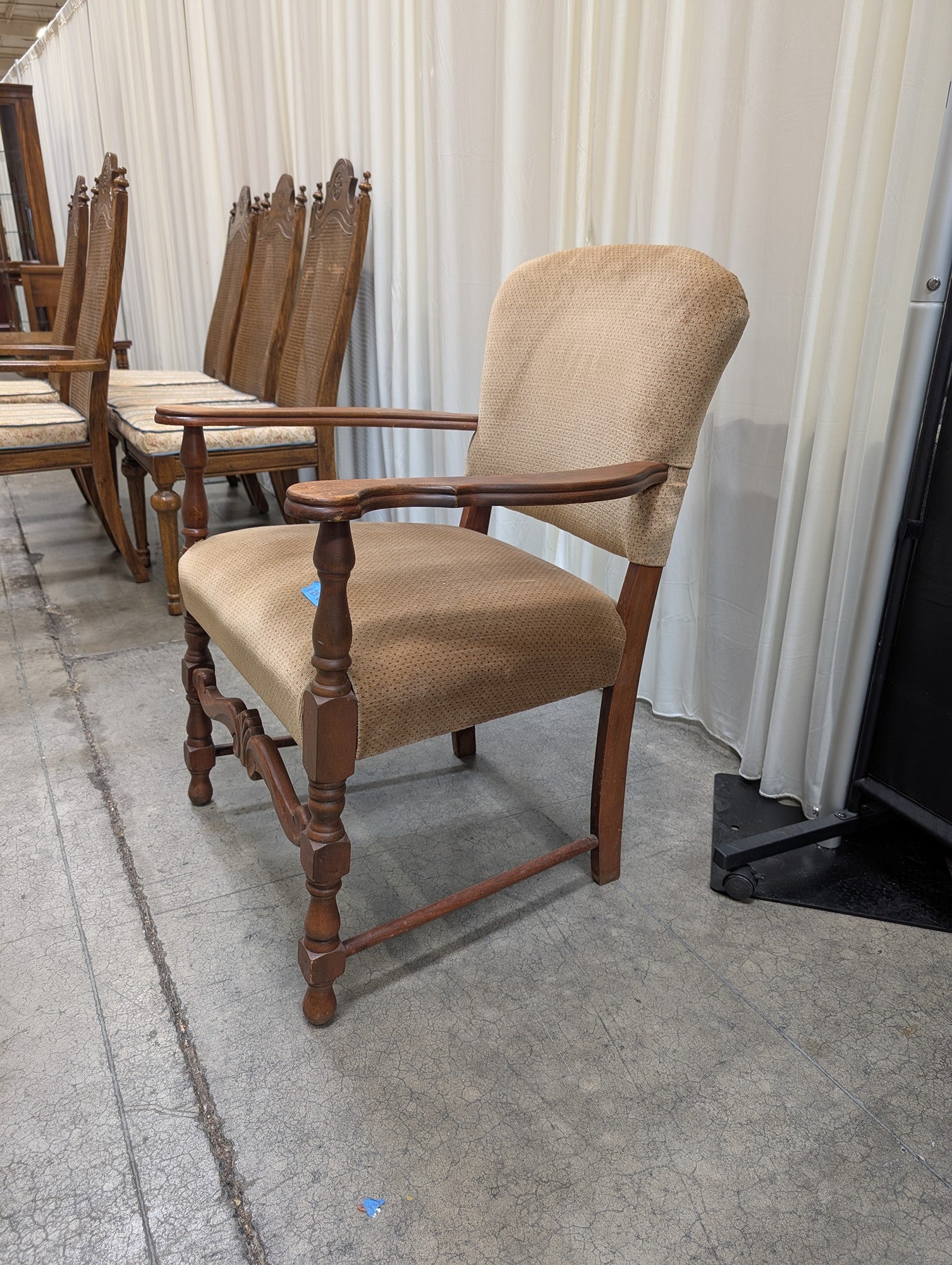 Traditional Brown Wood Arm Chair with Beige Upholstery