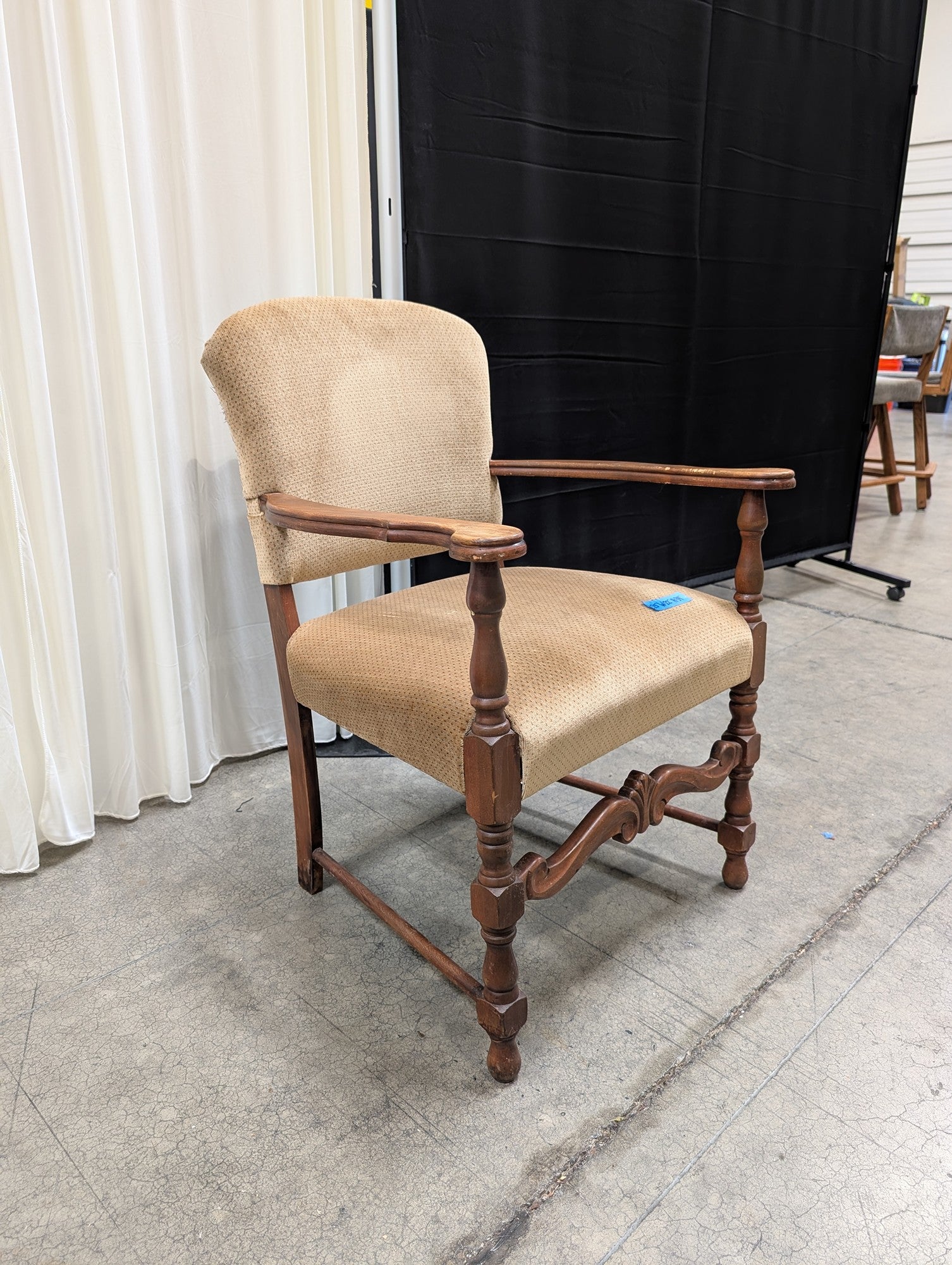 Traditional Brown Wood Arm Chair with Beige Upholstery