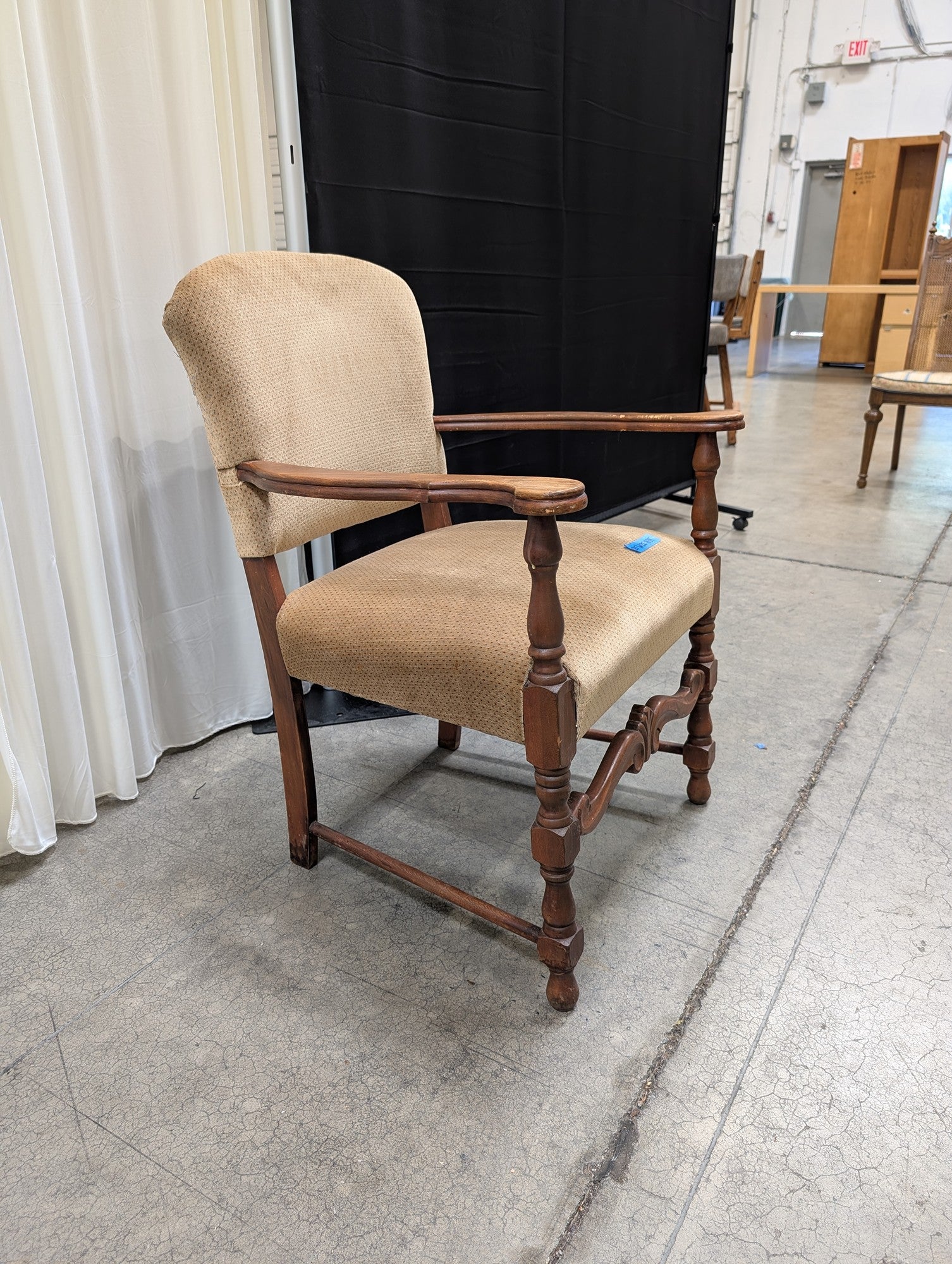 Traditional Brown Wood Arm Chair with Beige Upholstery