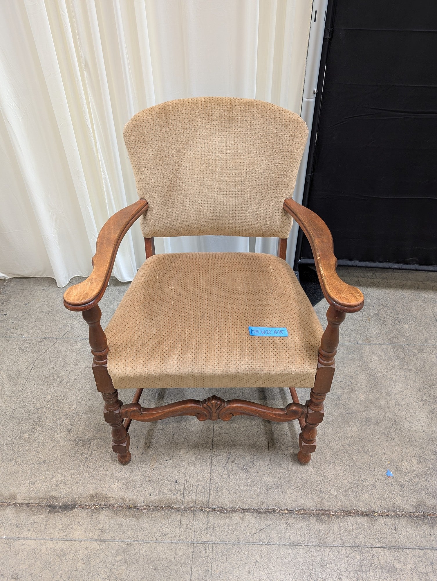 Traditional Brown Wood Arm Chair with Beige Upholstery