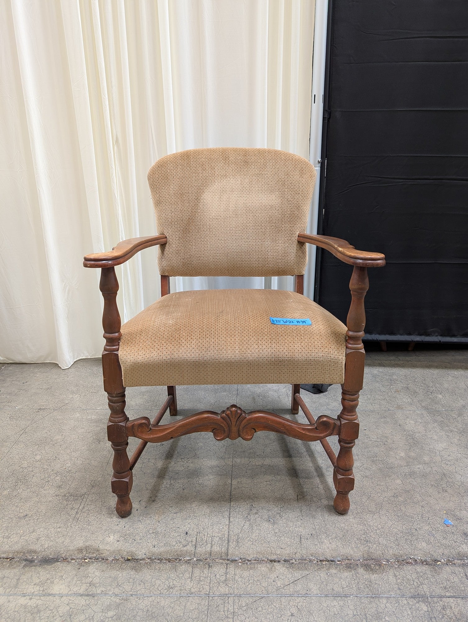 Traditional Brown Wood Arm Chair with Beige Upholstery