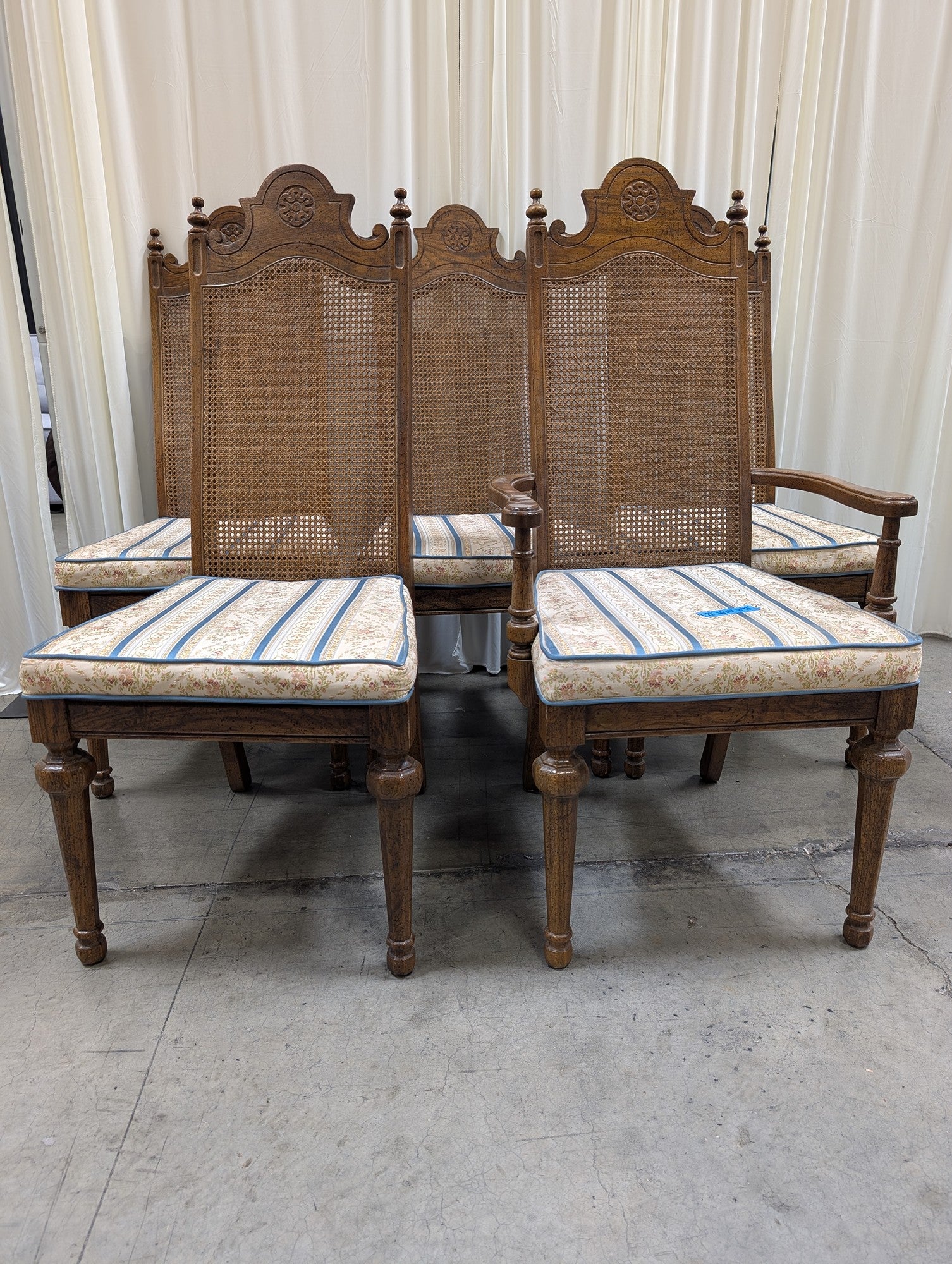 Set of Five American Street Furniture Carved Wood Dining Chairs with Cane Backs