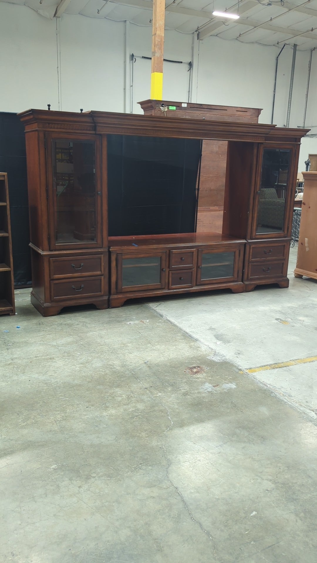 Traditional Dark Wood TV Stand with Glass Doors