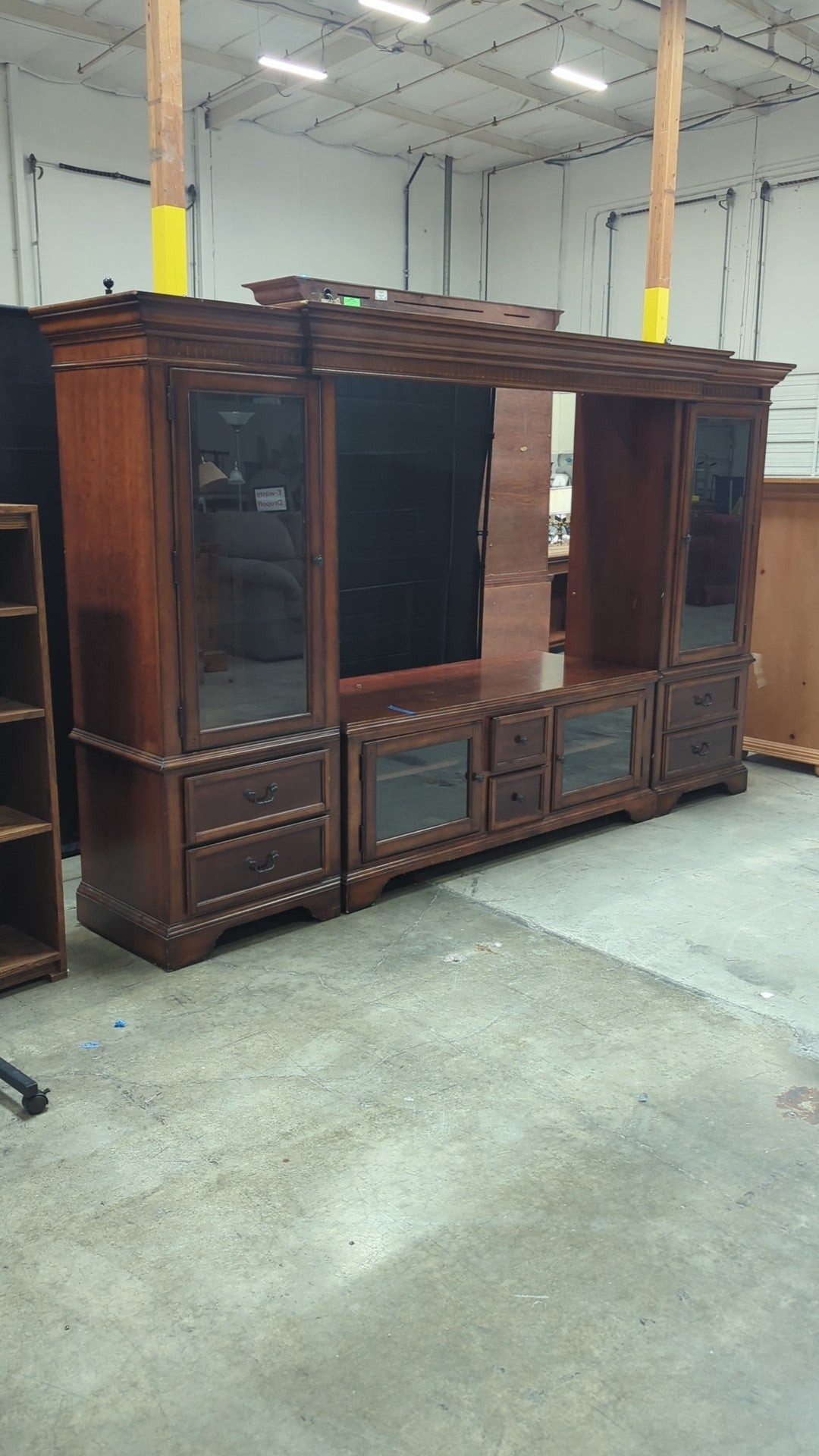 Traditional Dark Wood TV Stand with Glass Doors
