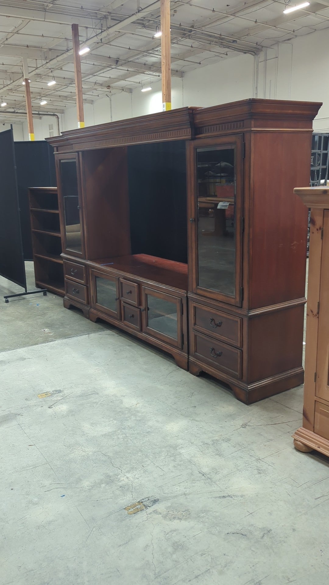 Traditional Dark Wood TV Stand with Glass Doors